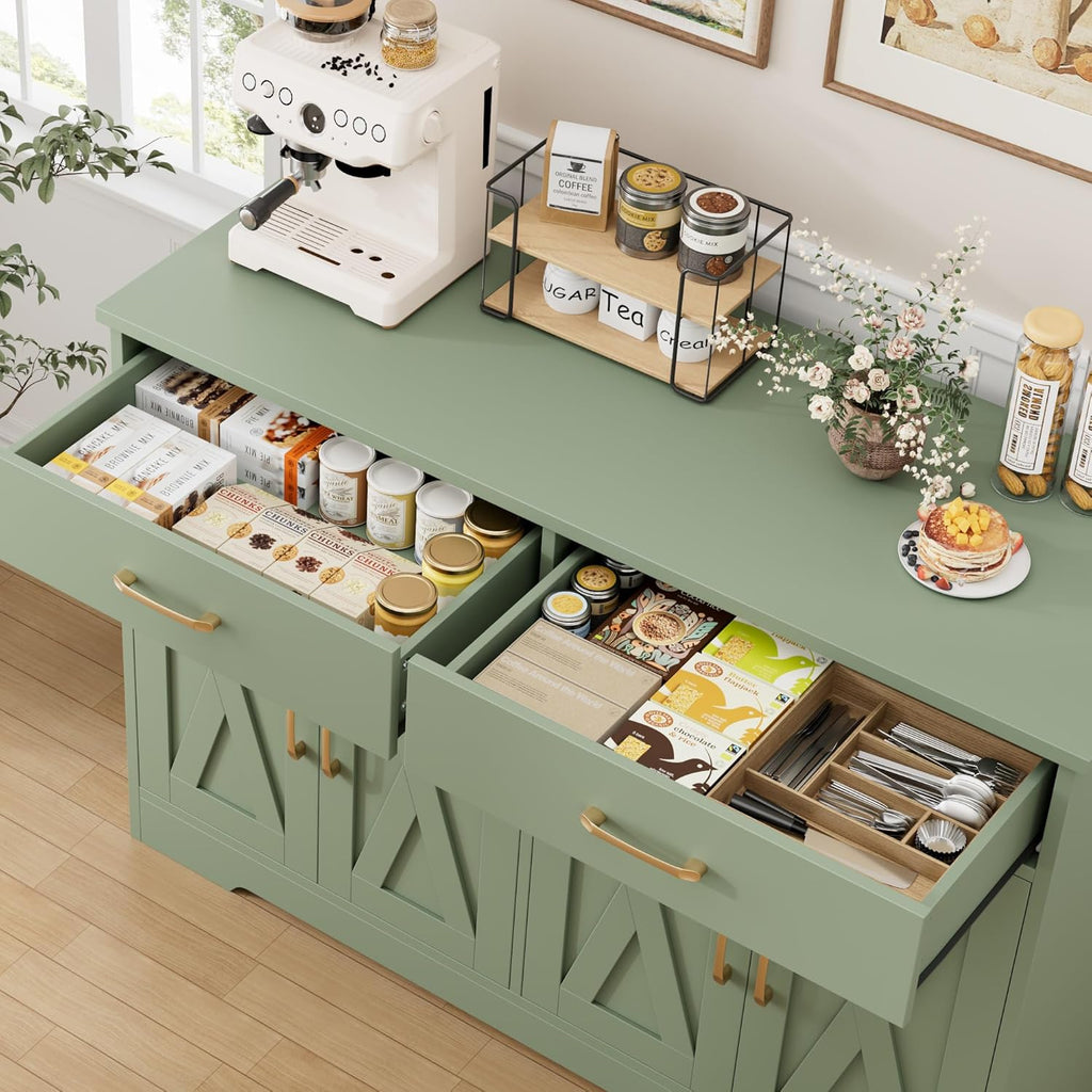 HOSTACK Buffet Cabinet with Storage, 47.2' Kitchen Sideboard Buffet with Drawers, Modern Farmhouse Coffee Bar Station with Shelves, Barn Doors Storage Cabinet for Living Room, Green