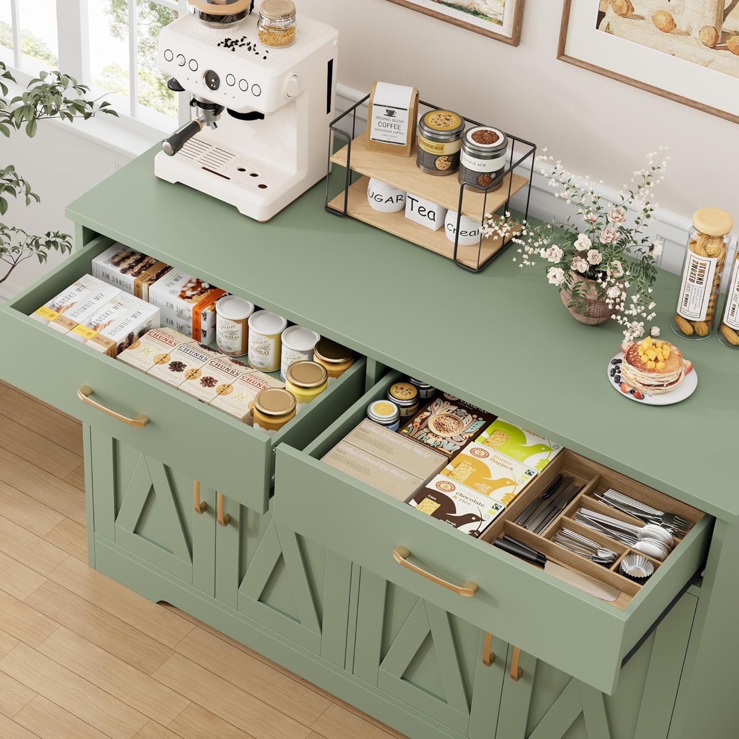 HOSTACK Buffet Cabinet with Storage, 47.2' Kitchen Sideboard Buffet with Drawers, Modern Farmhouse Coffee Bar Station with Shelves, Barn Doors Storage Cabinet for Living Room, Green