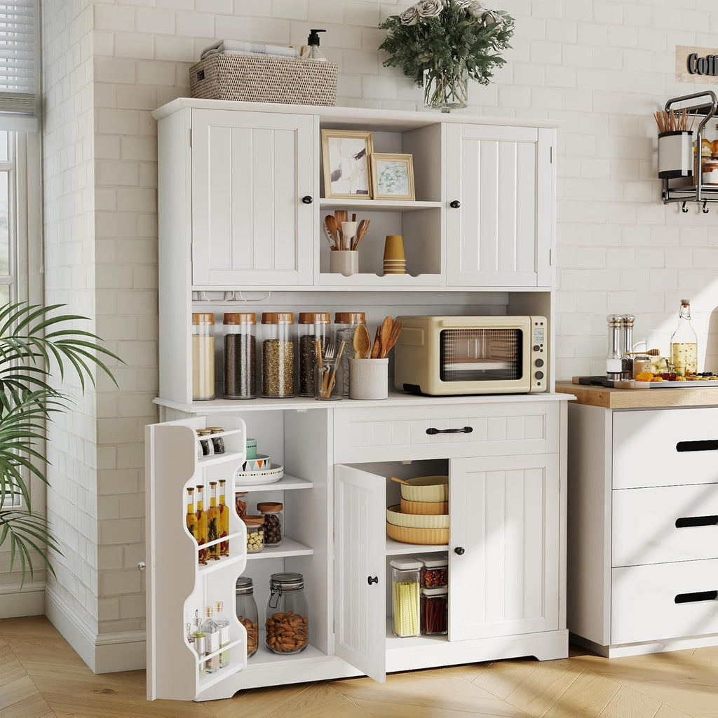 Gizoon Tall Kitchen Storage Cabinet with Door and Shelves, 67' Kitchen Pantry Cabinet Large Coffee Bar Hutch with Storage for Dining Room, Painted White
