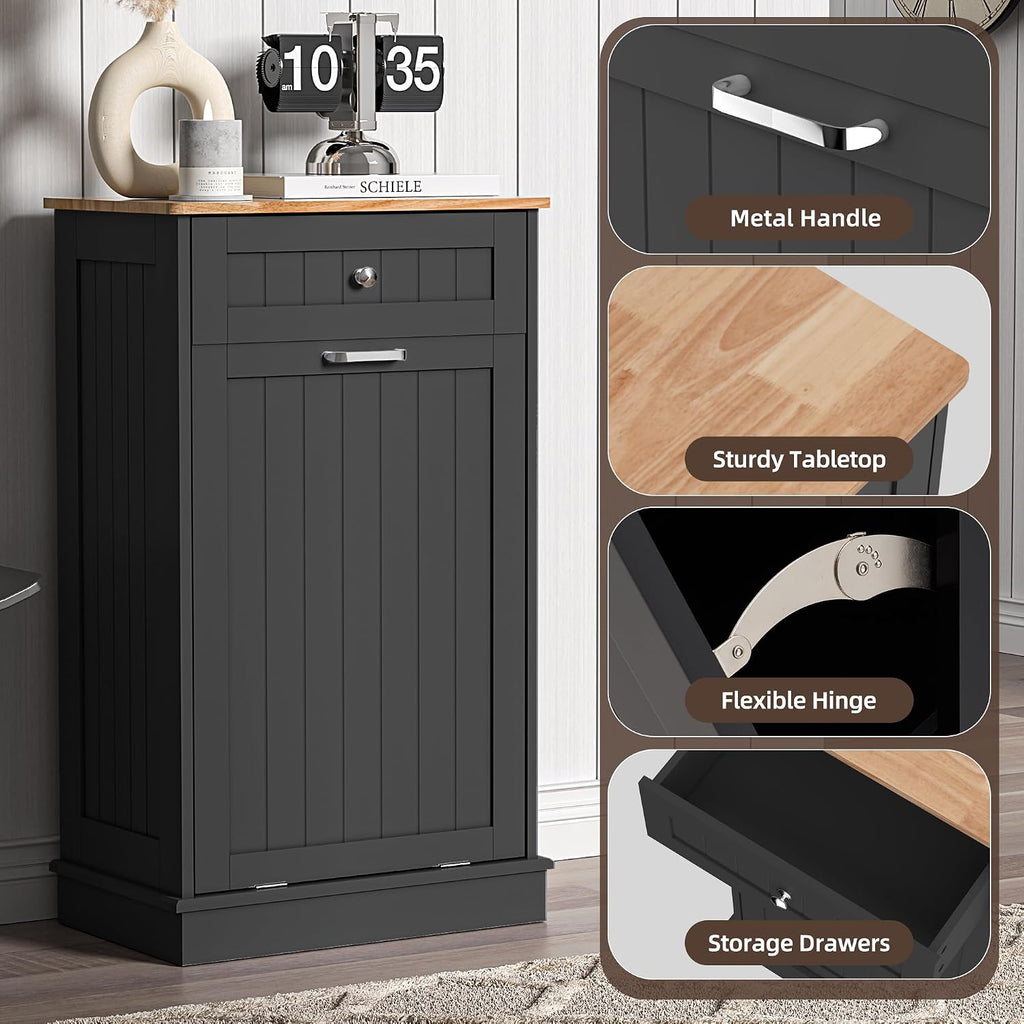 13 Gallons Tilt Out Trash Cabinet Freestanding Kitchen Hidden Trash Bin Cabinet with Hideaway Drawer Pet Proof Trash Can Holder for Kitchen Living Room, Black