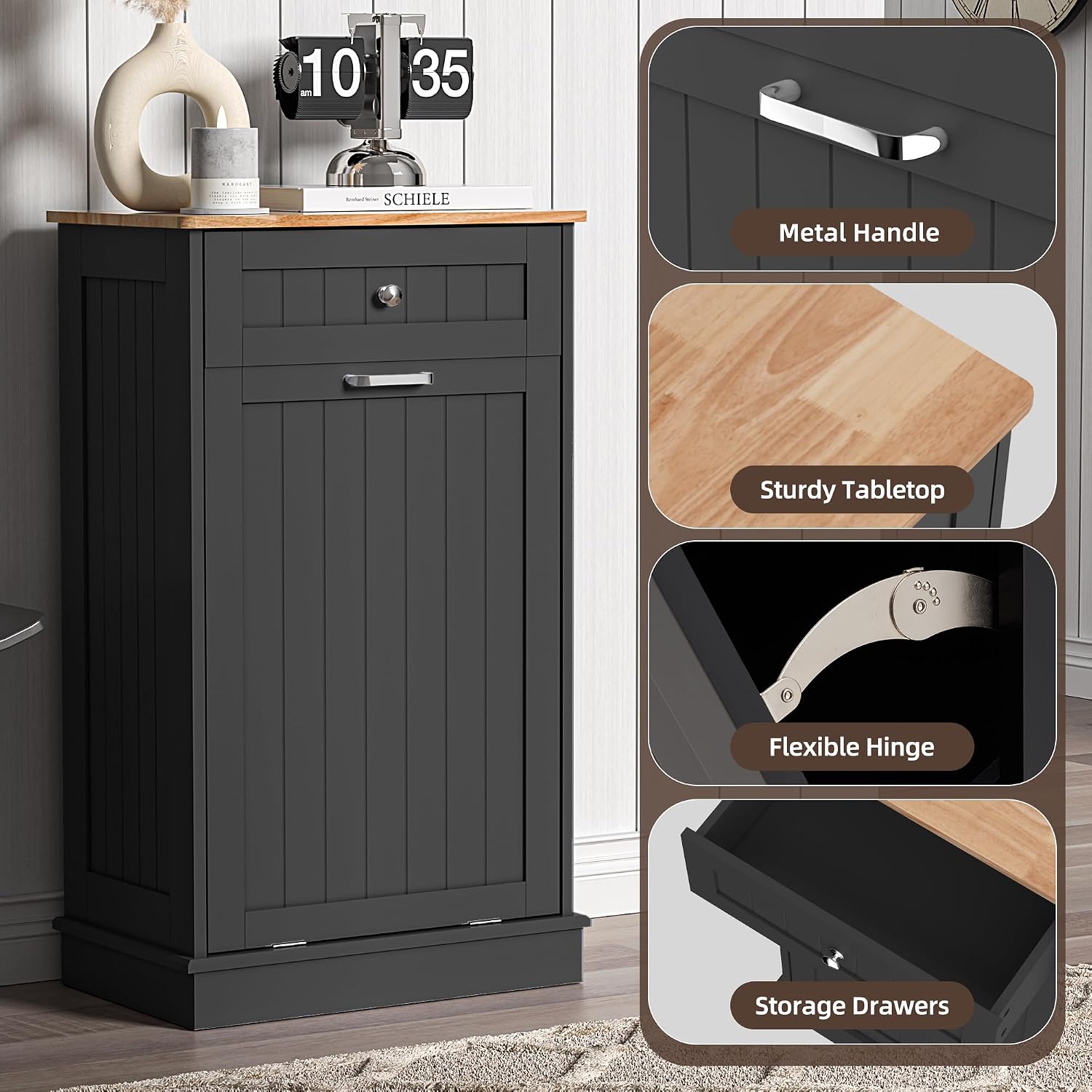 13 Gallons Tilt Out Trash Cabinet Freestanding Kitchen Hidden Trash Bin Cabinet with Hideaway Drawer Pet Proof Trash Can Holder for Kitchen Living Room, Black