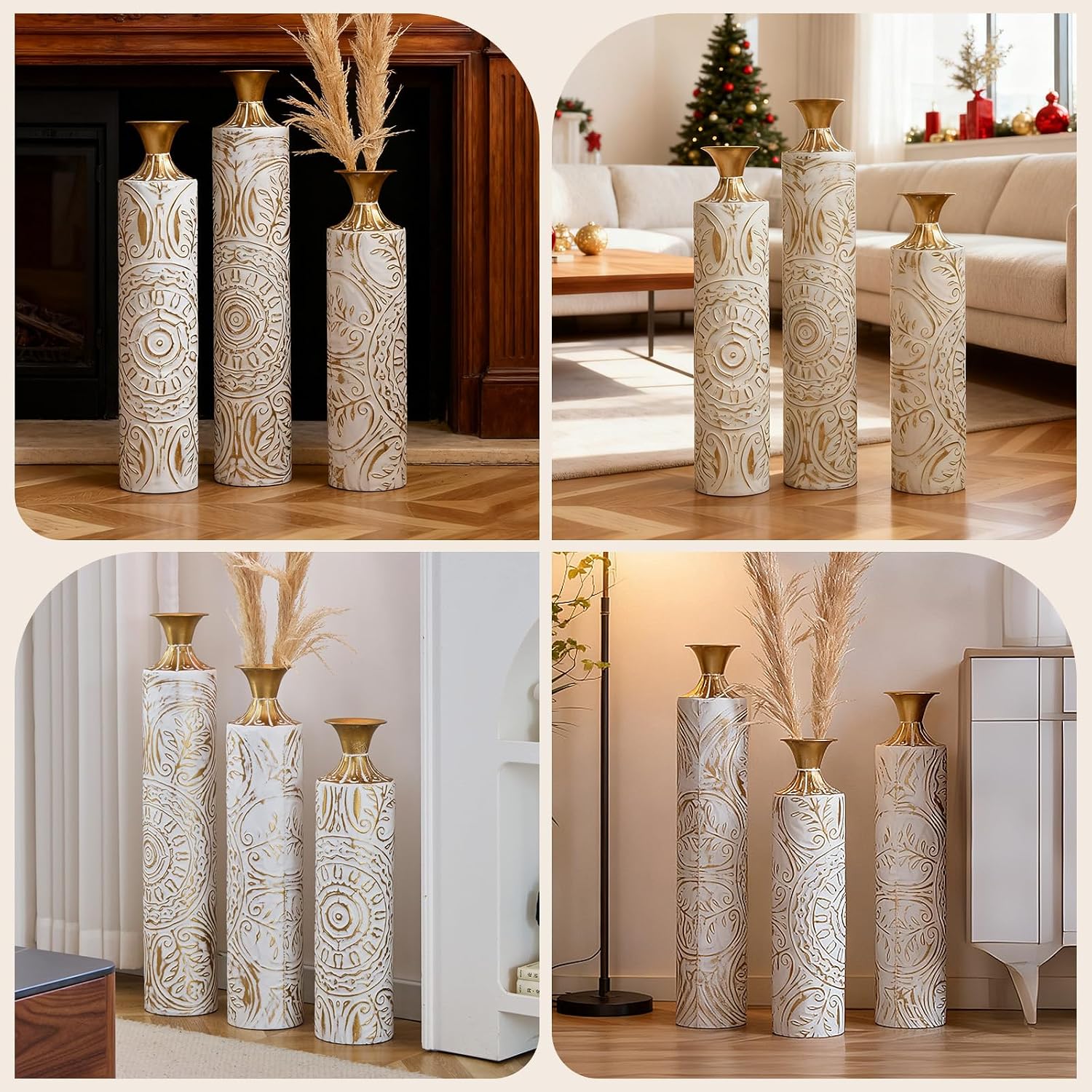Tall Large Floor Vases Home Decor Set of 3 White and Gold Flower for Wedding Living Room Luxury Dried Flowers Antique Worn Vases 24'/28.7'/33.5' Height