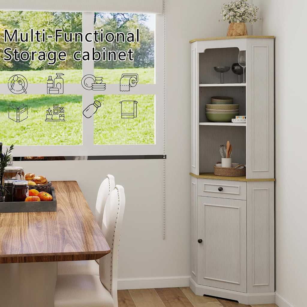 RASOO 68.11' Farmhouse Corner Cabinet, Tall Five-Sided Pentagonal for Kitchen，3-Tiers Open Shelf and one Drawer and Door Corner Storage Hutch Cabinet for Living Room, Bathroom and Dining Room