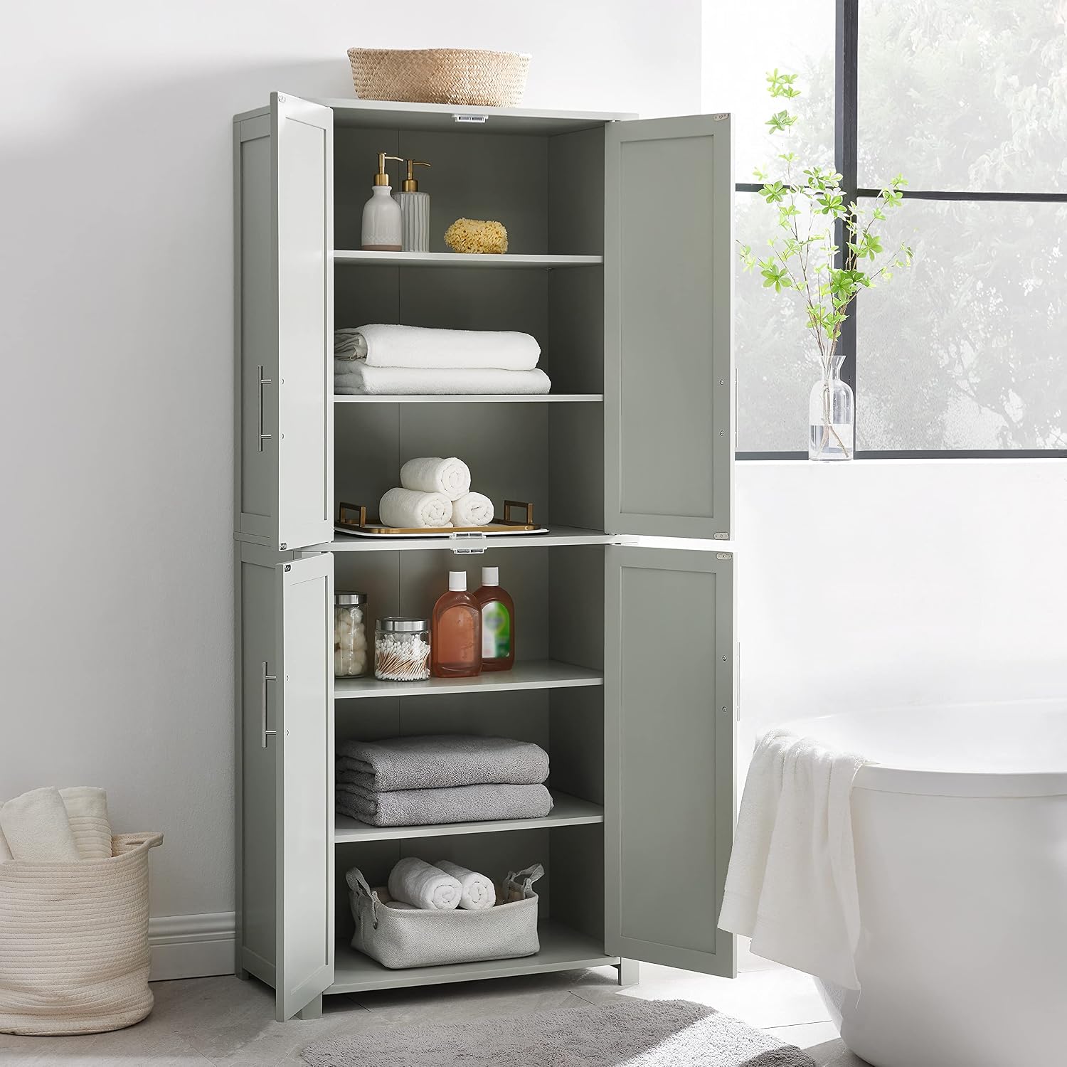 Crosley Furniture Savannah Tall Pantry Storage Cabinet with Shelves, Kitchen, Dining, or Laundry Room, Gray