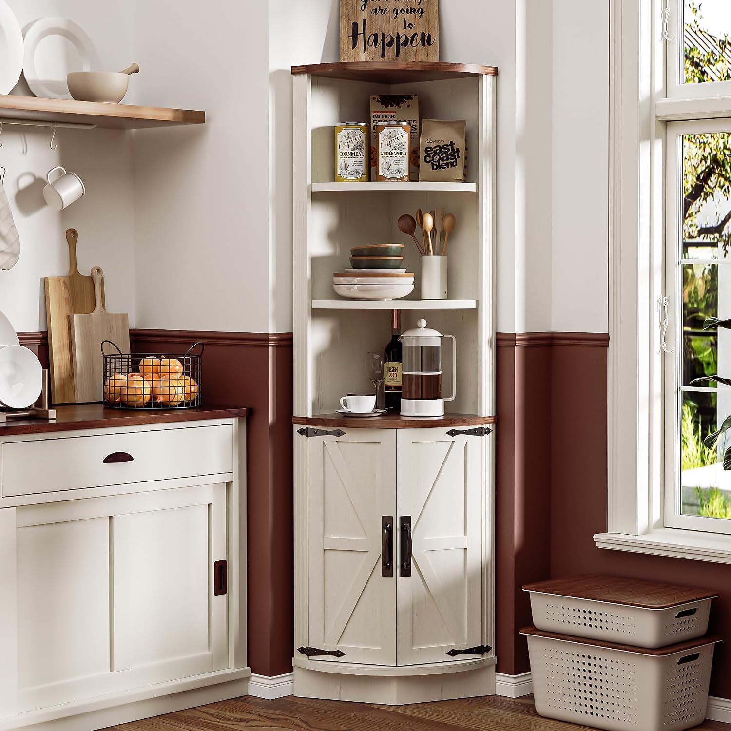 AHB 63' Tall Corner Cabinet Farmhouse Storage Cabinet with Doors and Shelves, Home Space Saver Corner Storage Shelf for Kitchen Living Room, Antique White