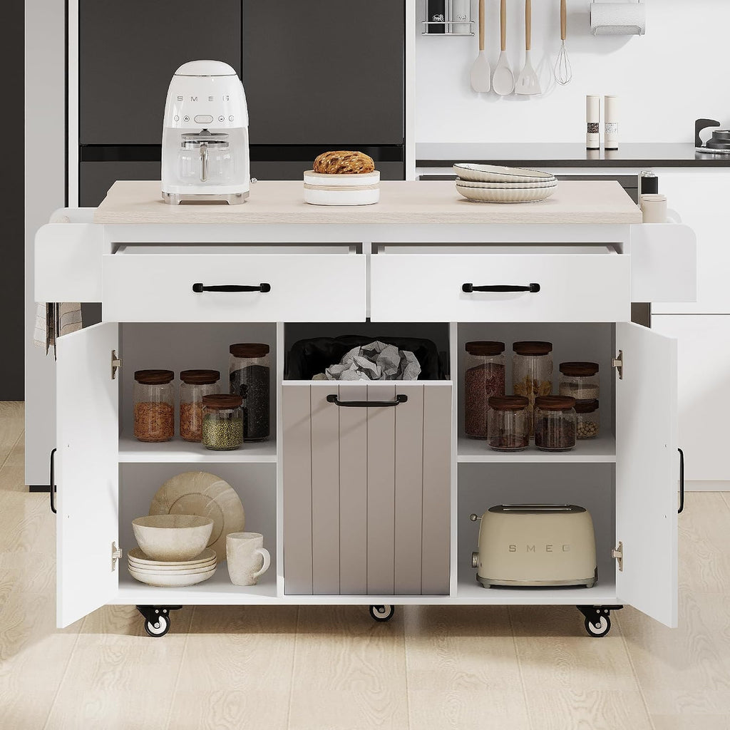 Rolling Kitchen Island Carton Wheels with Trash Can Storage Cabinet, Drop Leaf, Spice Rack, Towel Rack, Drawer, Adjustable Shelf for Dining Room Kitchens White