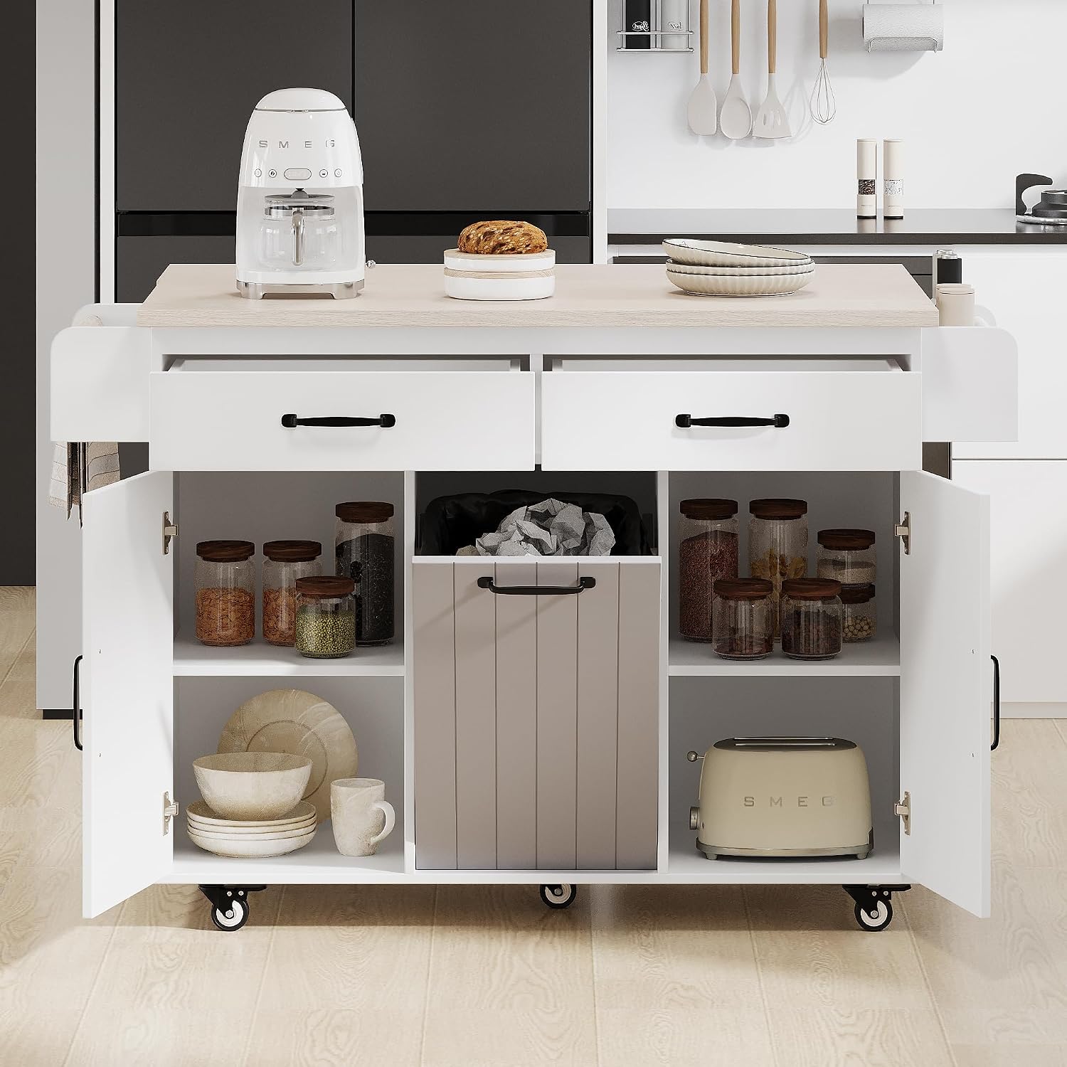 Rolling Kitchen Island Carton Wheels with Trash Can Storage Cabinet, Drop Leaf, Spice Rack, Towel Rack, Drawer, Adjustable Shelf for Dining Room Kitchens White