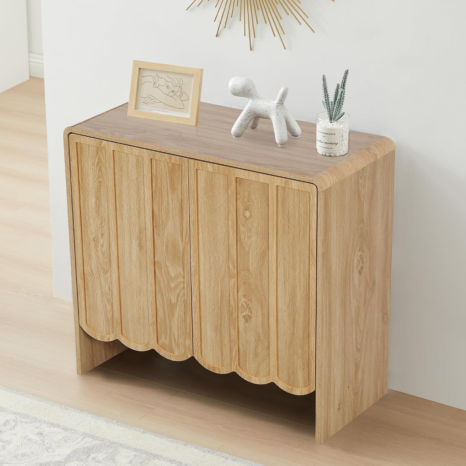 ORRD Accent Sideboard Buffet Cabinet, Storage Cabinets with 2 Doors, Farmhouse Wood Cabinet with Adjustable Shelves and Wave Panel for Living Room, Dining Room, Entry - Natural