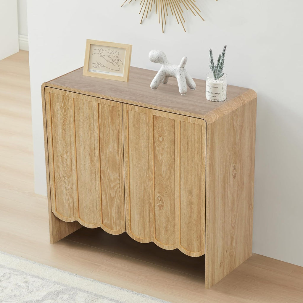 ORRD Sideboard Buffet Cabinet Set of 2, Accent Storage Cabinet with 2 Doors, Farmhouse Wood Cabinet with Adjustable Shelves and Wave Panel for Living Room, Dining Room, Entry - Natural