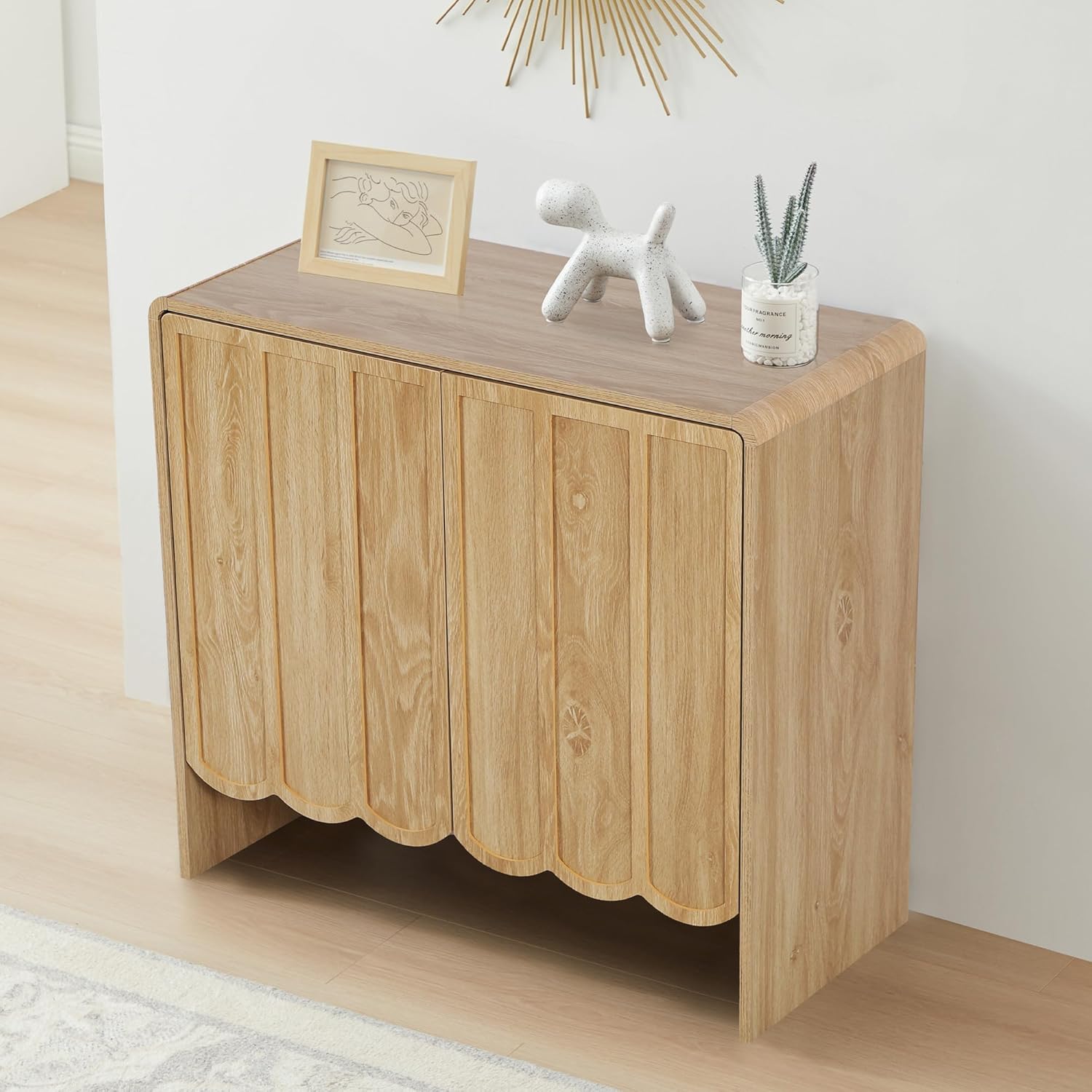 ORRD Sideboard Buffet Cabinet Set of 2, Accent Storage Cabinet with 2 Doors, Farmhouse Wood Cabinet with Adjustable Shelves and Wave Panel for Living Room, Dining Room, Entry - Natural