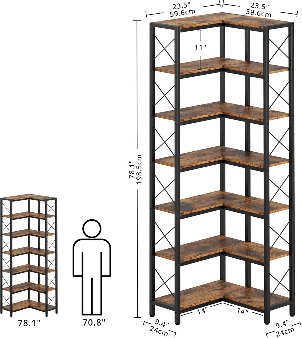 IRONCK Corner Bookshelf, 7-Tier Industrial Corner Bookcase, Tall Corner Shelf Storage Display Rack with Metal Frame for Living Room Home Office, Vintage Brown
