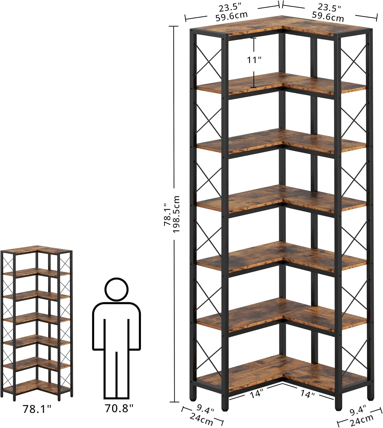 IRONCK Corner Bookshelf, 7-Tier Industrial Corner Bookcase, Tall Corner Shelf Storage Display Rack with Metal Frame for Living Room Home Office, Vintage Brown