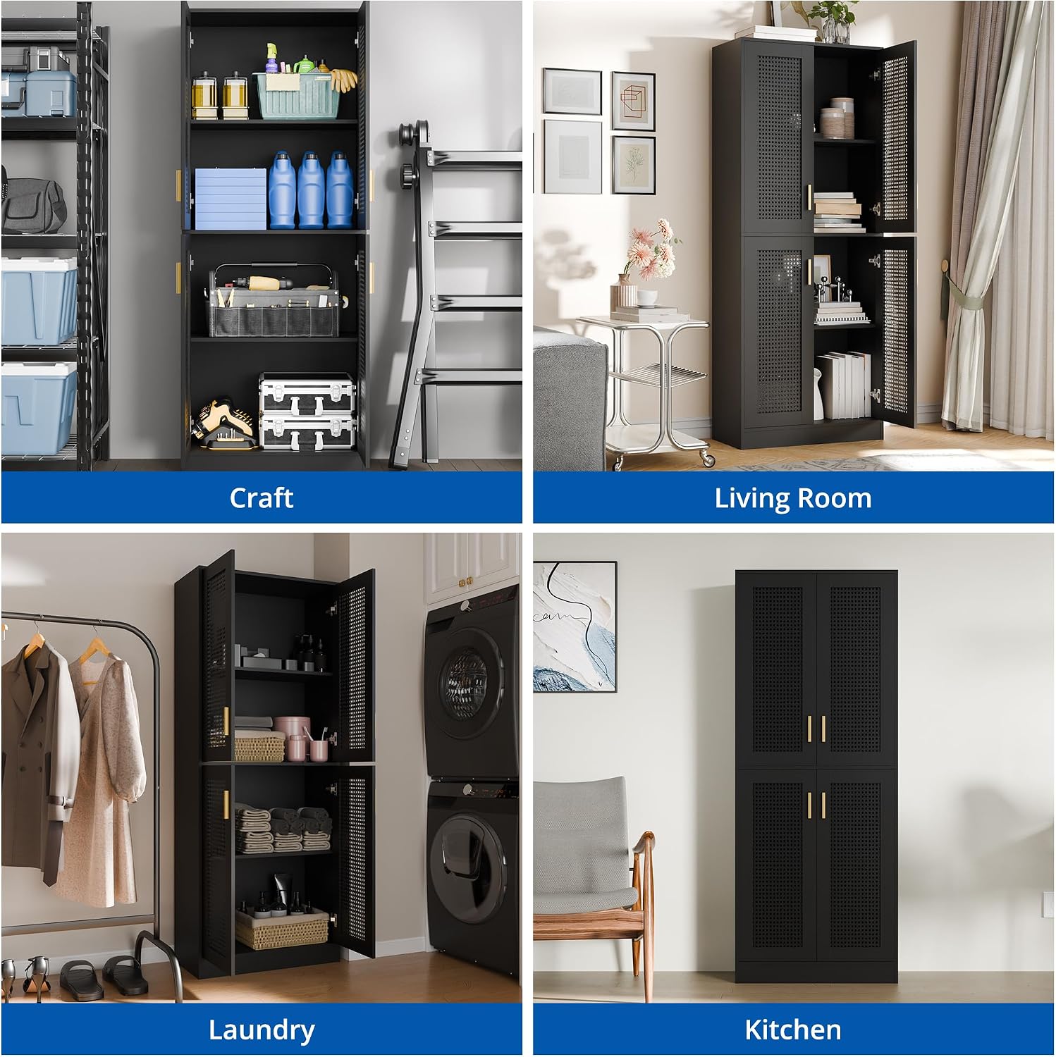 Cozy Castle Kitchen Pantry Cabinet, 71' Tall Rattan Doors Storage Cabinet and Adjustable Shelves, Modern Farmhouse Wood Cupboard Utility Hutch for Kitchen, Dining Room, Living Room (Black)