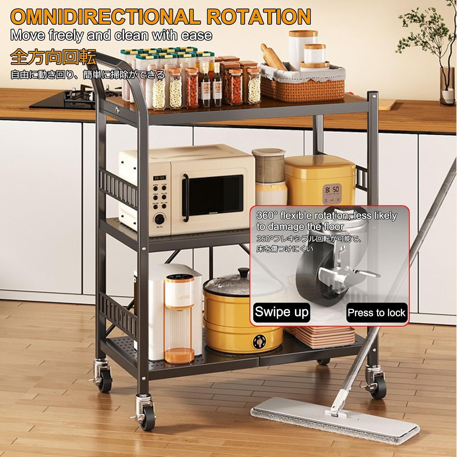 Microwave Stand,Bakers Rack,Kitchen Stands With Storage,3-Tier Foldable, Mobile Cart With Wheels,Suitable For Kitchens,Warehouses,Balconies,And Storage Rooms(Black,70*36*105CM/27.5*14*41IN)