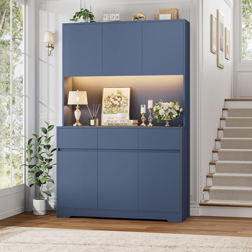FINETONES 71' Pantry Cabinet with Power Outlets and Led Lights, Large Kitchen Hutch Storage with Microwave Stand, Tall Pantry Kitchen Cabinet with Cupboard, Blue
