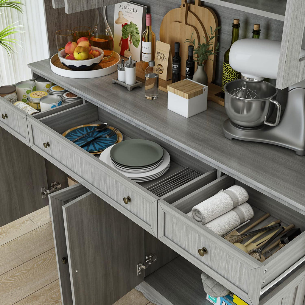 AIEGLE Large Kitchen Hutch Cabinet, Storage Cupboard Pantry with Glass Doors, Drawers & Countertop, Floor Kitchen Pantry Storage Cabinet Utility Buffet, Wooden Grey (61.2' L x 18.1' W x 75.9' H)