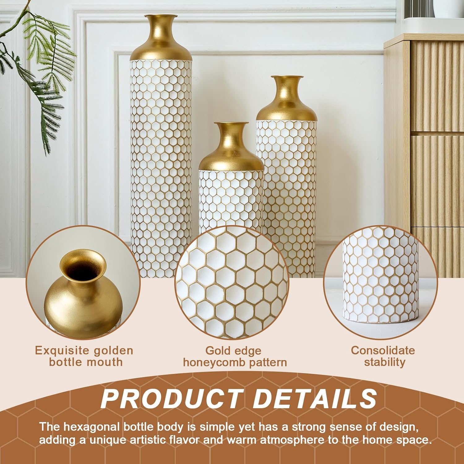 3-piece/Set Large Metal Floor Vases, Decorative Tall Set of 3 Handmade Vintage Modern Home Decor Center Vases Standing Flower Holder for Home Décor Indoor (White Gold Cellular)