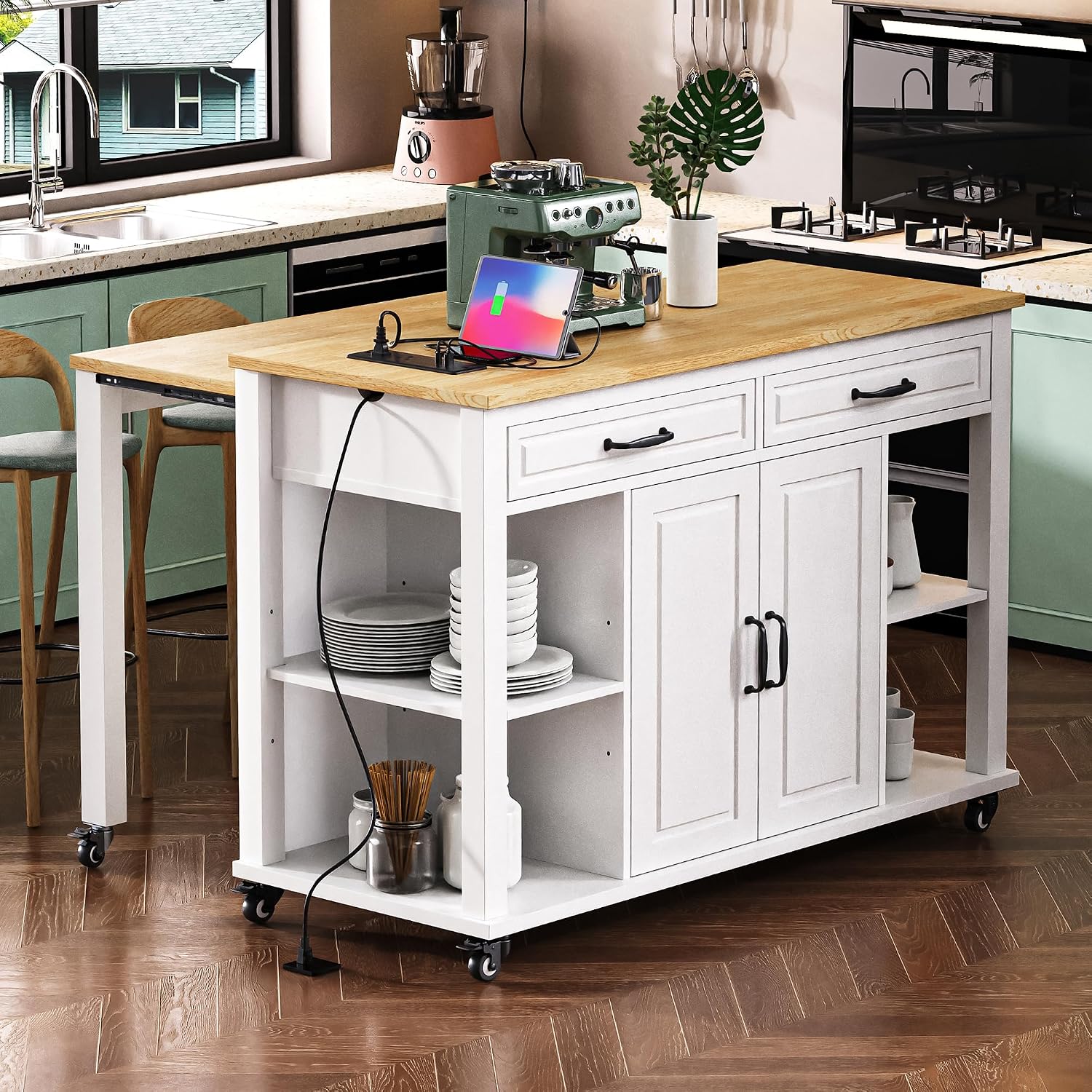 47' Kitchen Island with Extendable Dining Table, Rubber Wood Veneer Kitchen Table with Internal Storage Rack, Power Outlet, 2 Drawers, 2 Cabinet for Kitchen, Dining Room White