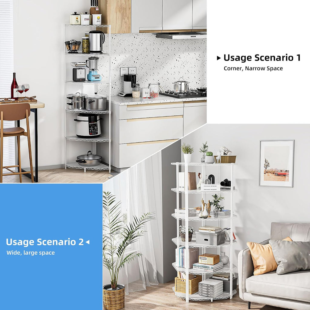 White Corner Storage Rack, 6 Tier Metal Corner Shelf Wire Shelving Unit, 600lbs Capacity, NSF, Adjustable Height, Leveling Feet and Liners, Ideal for Bathroom, Kitchen, 72'H x 20'L x 20'W, Pentagonal