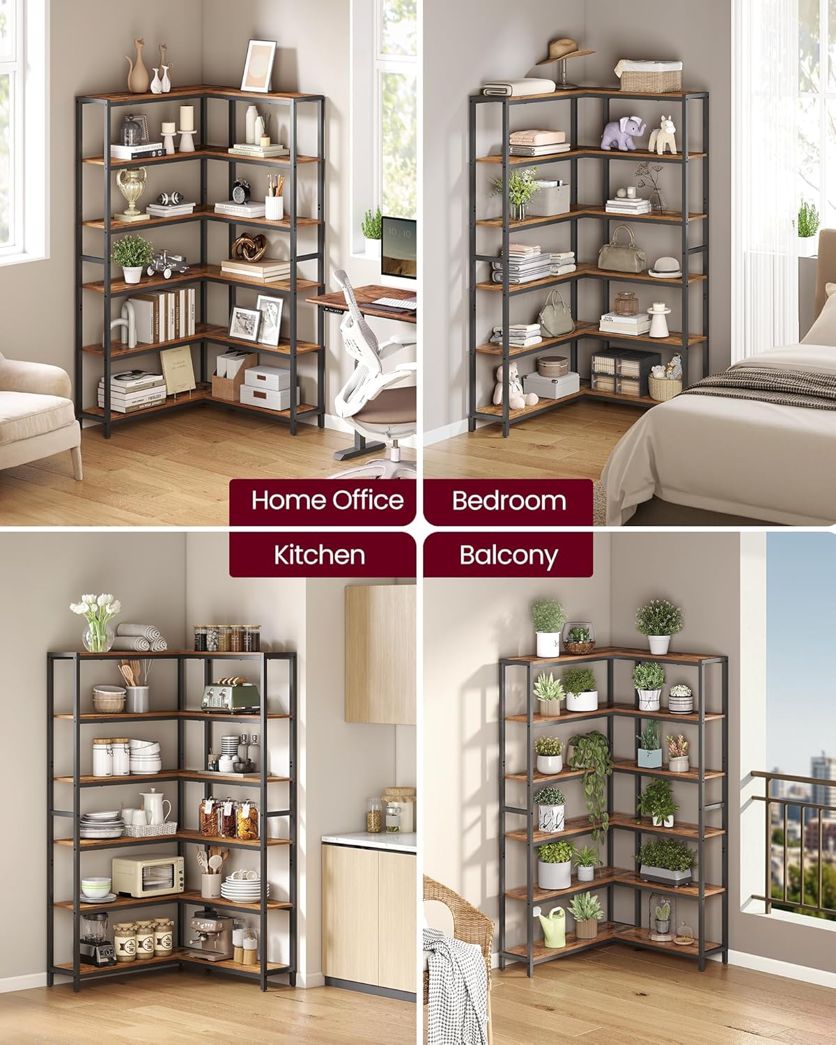 VASAGLE 6 Tier Bookshelf with Metal Frame, Convertible Industrial Corner Shelf, 9.4 x 52.8 x 69 Inches, for Living Room, Bedroom, Home Office, Rustic Brown and Ink Black ULLS806K01