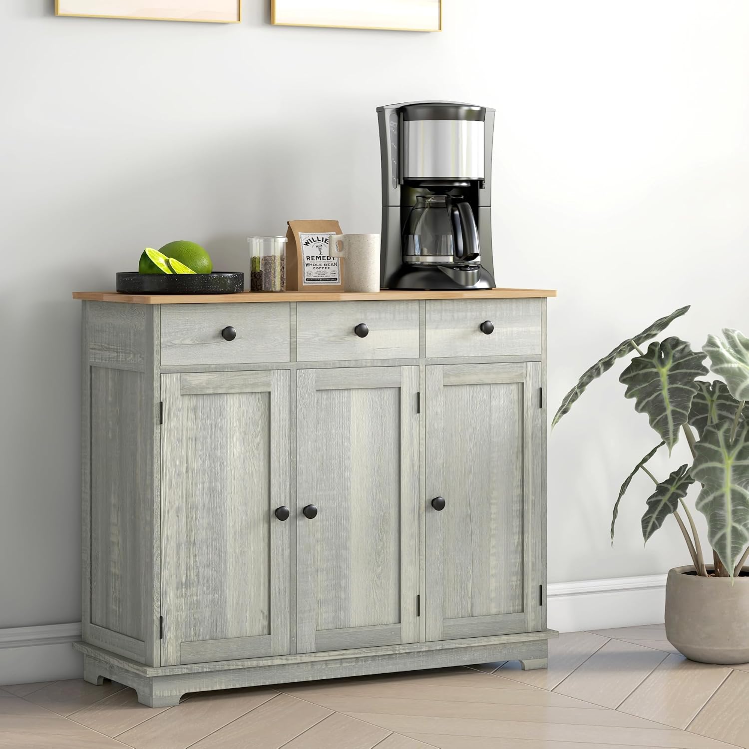 40' Solid Wood Top Freestanding Storage Cabinet, Kitchen Storage Bakers Rack with Drawers, Utility Food Cupboard with Adjustable Shelf for Dining Room Entryway, Light Gray
