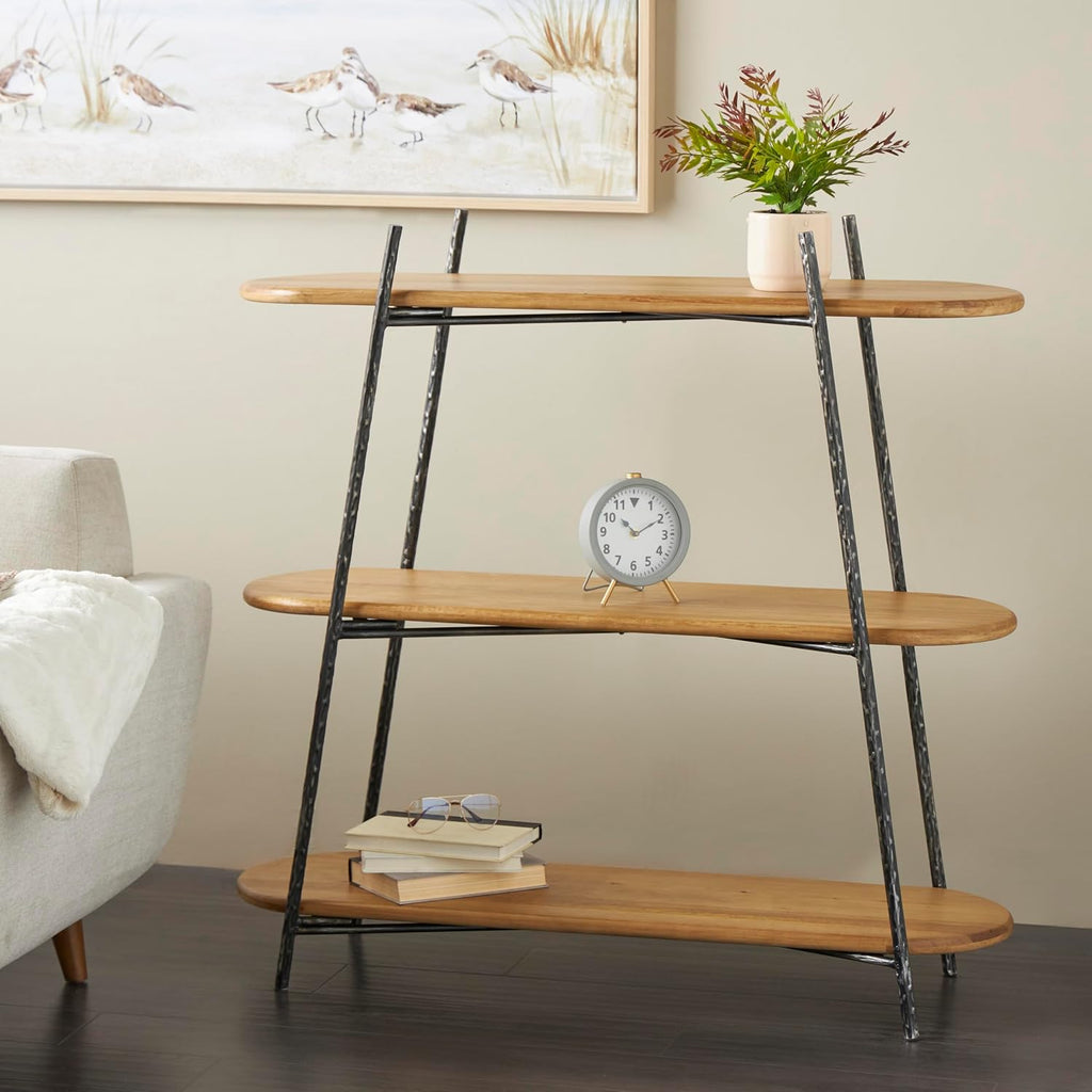 Deco 79 Wood Storage Shelving Unit Oval Shaped Shelving Unit with Black Metal Frame, Display Shelf 43' x 14' x 42', Brown