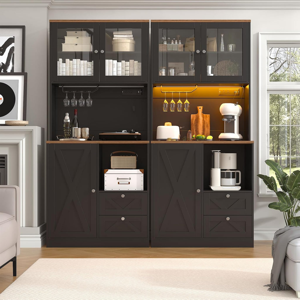 71' Tall Coffee Bar Cabinet with Storage Hutch, Farmhouse Kitchen Pantry Cabinet with LED Lights Microwave Stand and Glass Holder for Home Dining Room Kitchen (Black)