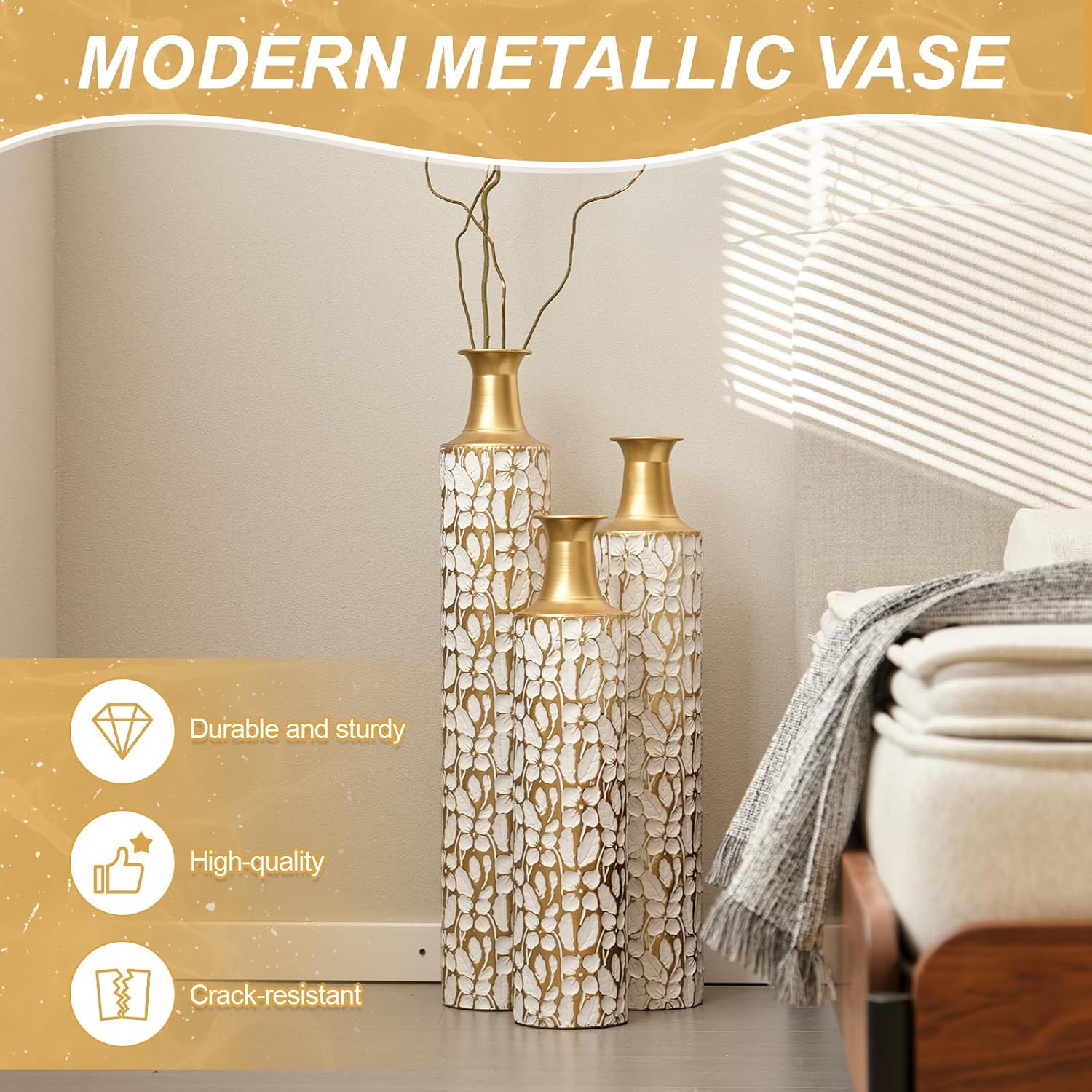 Floor Vases Decorative Tall - 24/28/32.3in Metal Extra Large Decorative Vase Set of 3, White & Gold Tall Floor Vase for Home Decor, Living Room Entryway Decor Dining Bedroom Home Corner Indoor Office