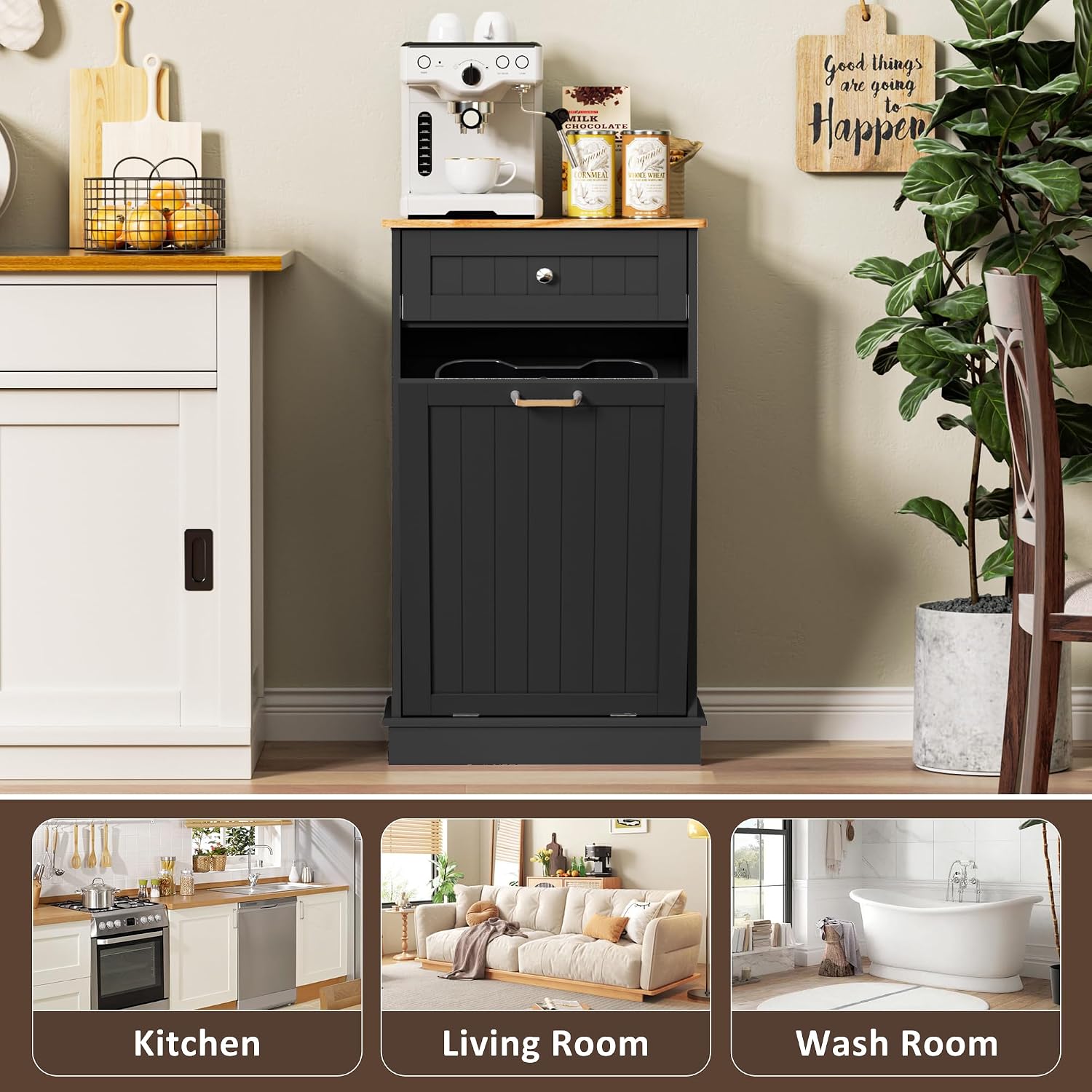 13 Gallons Tilt Out Trash Cabinet Freestanding Kitchen Hidden Trash Bin Cabinet with Hideaway Drawer Pet Proof Trash Can Holder for Kitchen Living Room, Black