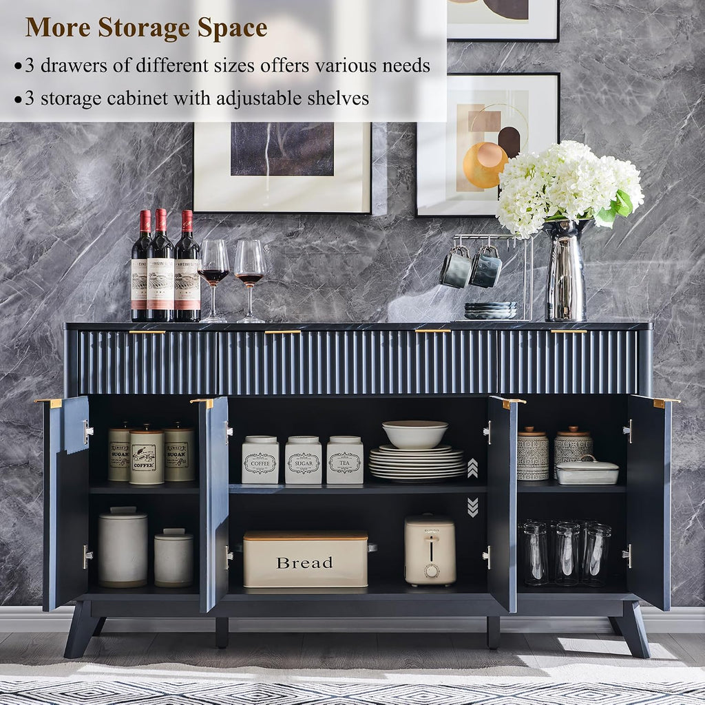 OKD 60' Fluted Buffet Sideboard Cabinet with Storage, Morden Credenza Buffet Table Coffee Bar Storage Cabinet with 4 Doors and 3 Drawers for Dining Room, Living Room,Hallway (Dark Grey)