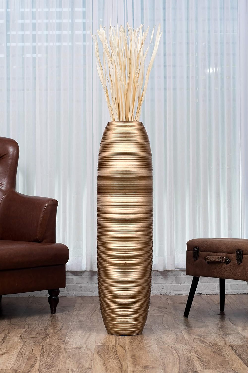 LEEWADEE Large Floor Vase – Handmade Flower Holder Made of Wood, Sophisticated Vessel for Decorative Branches and Dried Flowers, 43 inches, Golden