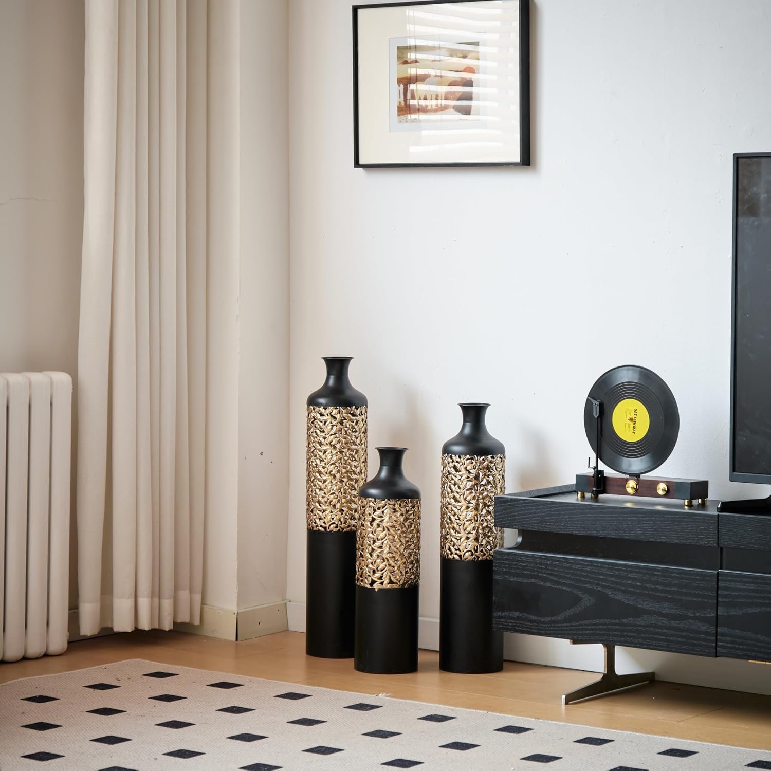 Floor Vases Decorative Tall - 20.8/24.8/28.7 in Metal Cylinder Vases Extra Large Decorative Vase Set of 3 Living Room Modern Big Standing Decor for Dining Bedroom Home Corner Indoor