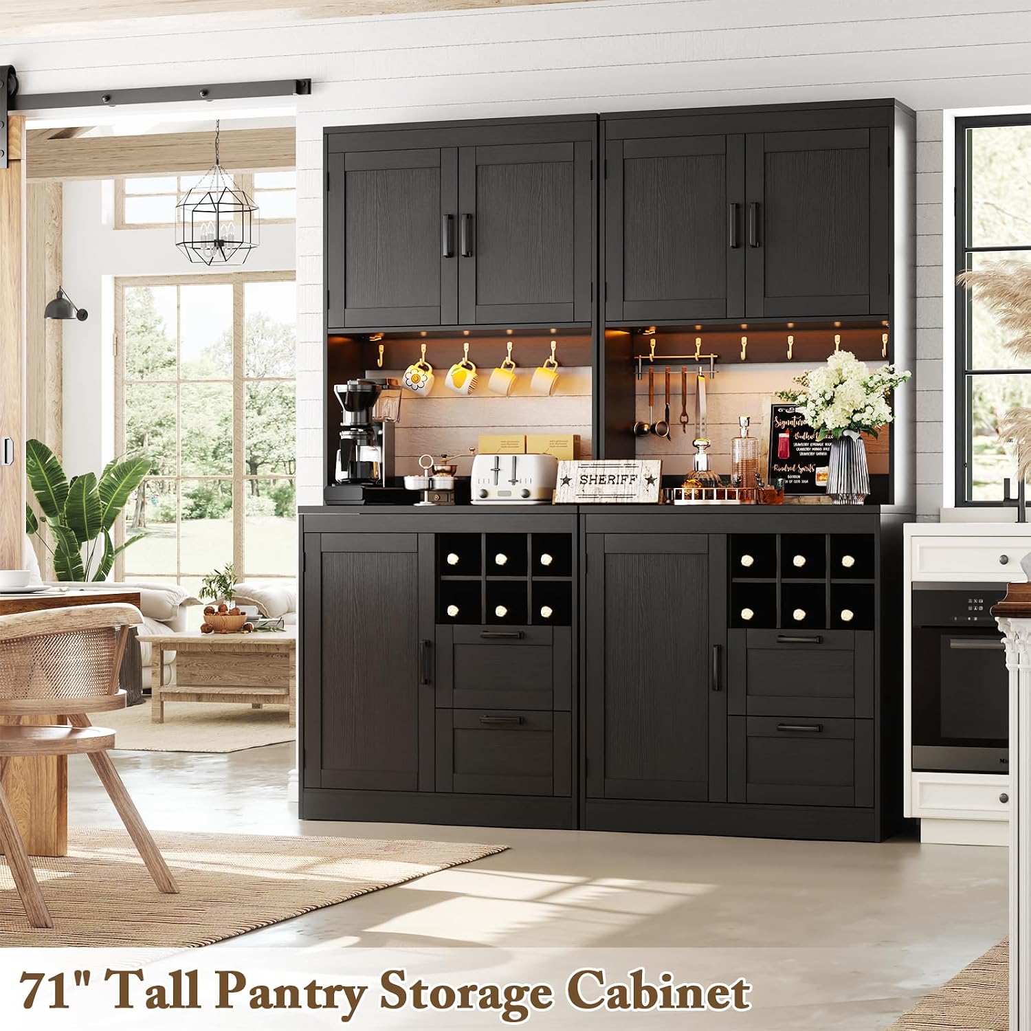 Unikito 72' Tall Pantry Cabinet, Kitchen Pantry Storage Cabinet with LED Light & Outlet, Kitchen Hutch Bar Cabinet with Microwave Stand, Wine Rack, Drawers and Shelves, Cupboard for Dining Room, Black