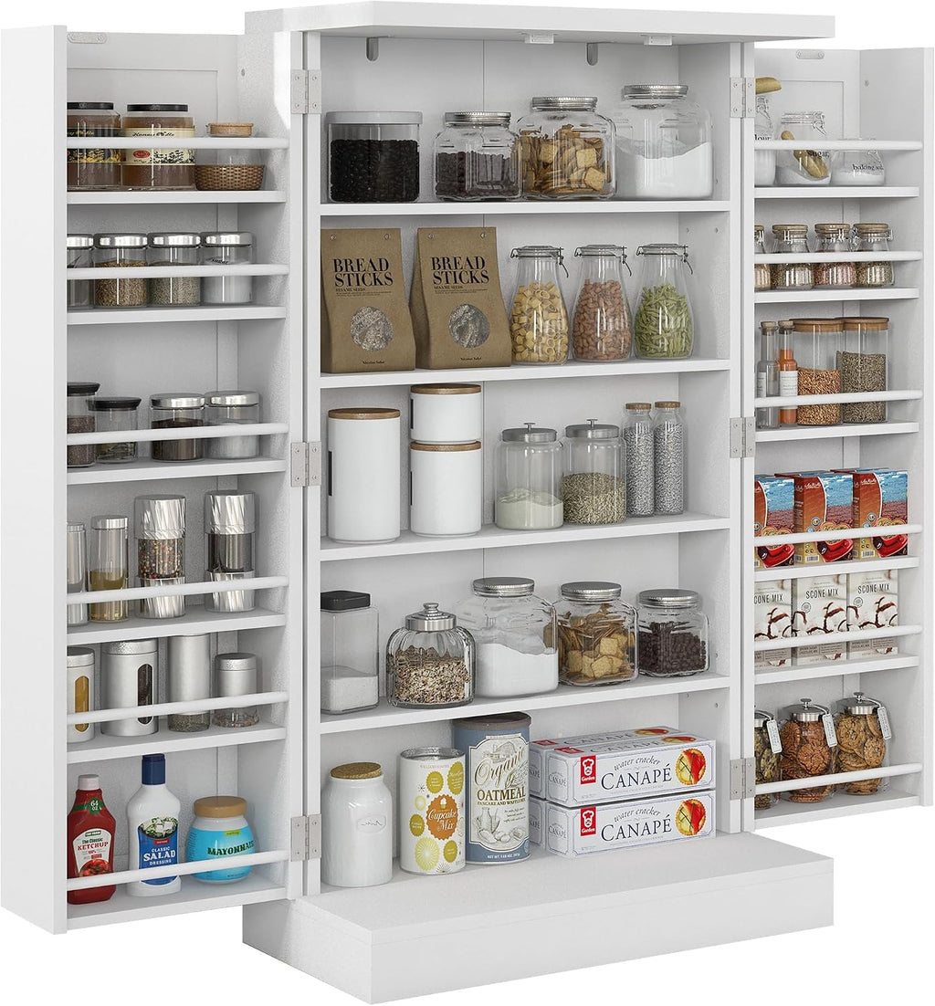 HOMCOM 41' Kitchen Pantry Storage Cabinet, Freestanding Kitchen Cabinet with 12 Door Shelves, Double Doors, 5-Tier Shelving and Adjustable Shelves, Painted White