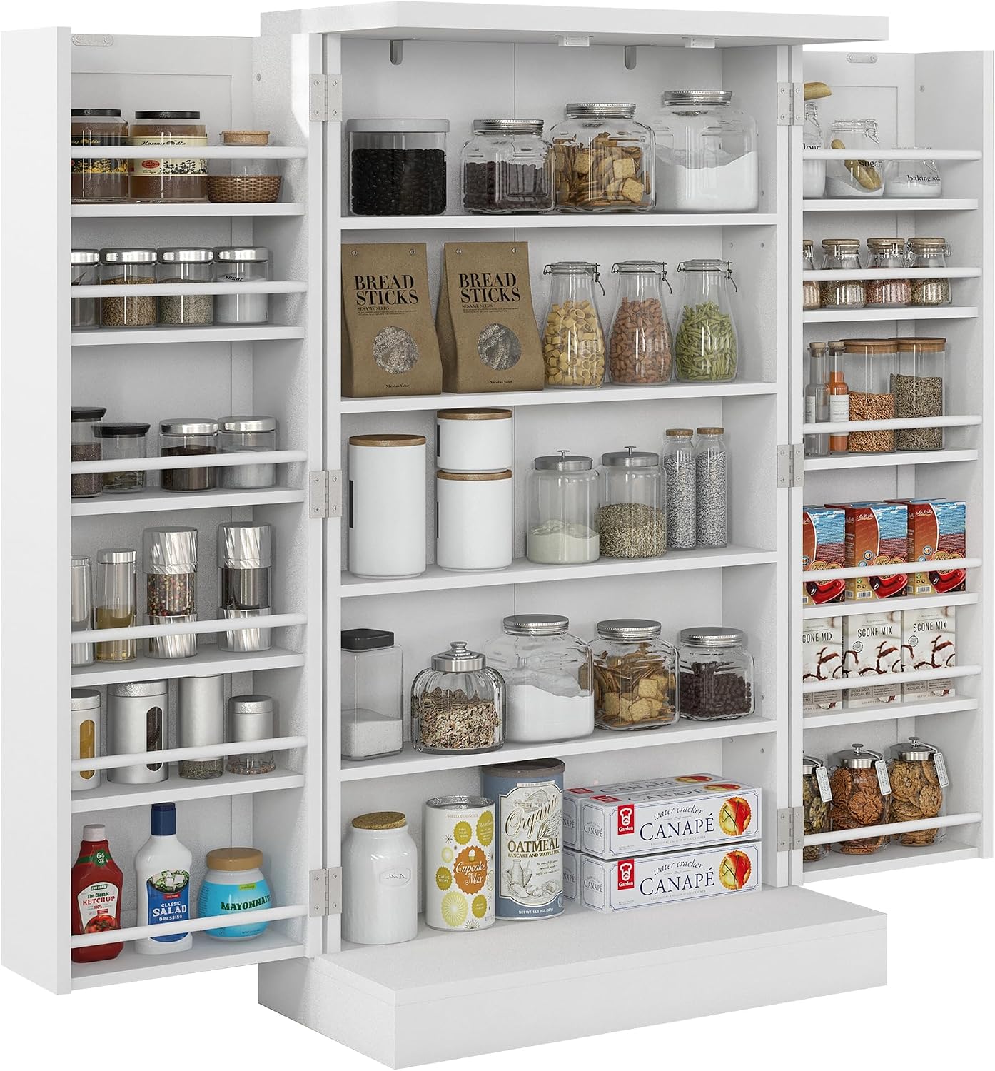 HOMCOM 41' Kitchen Pantry Storage Cabinet, Freestanding Kitchen Cabinet with 12 Door Shelves, Double Doors, 5-Tier Shelving and Adjustable Shelves, Painted White