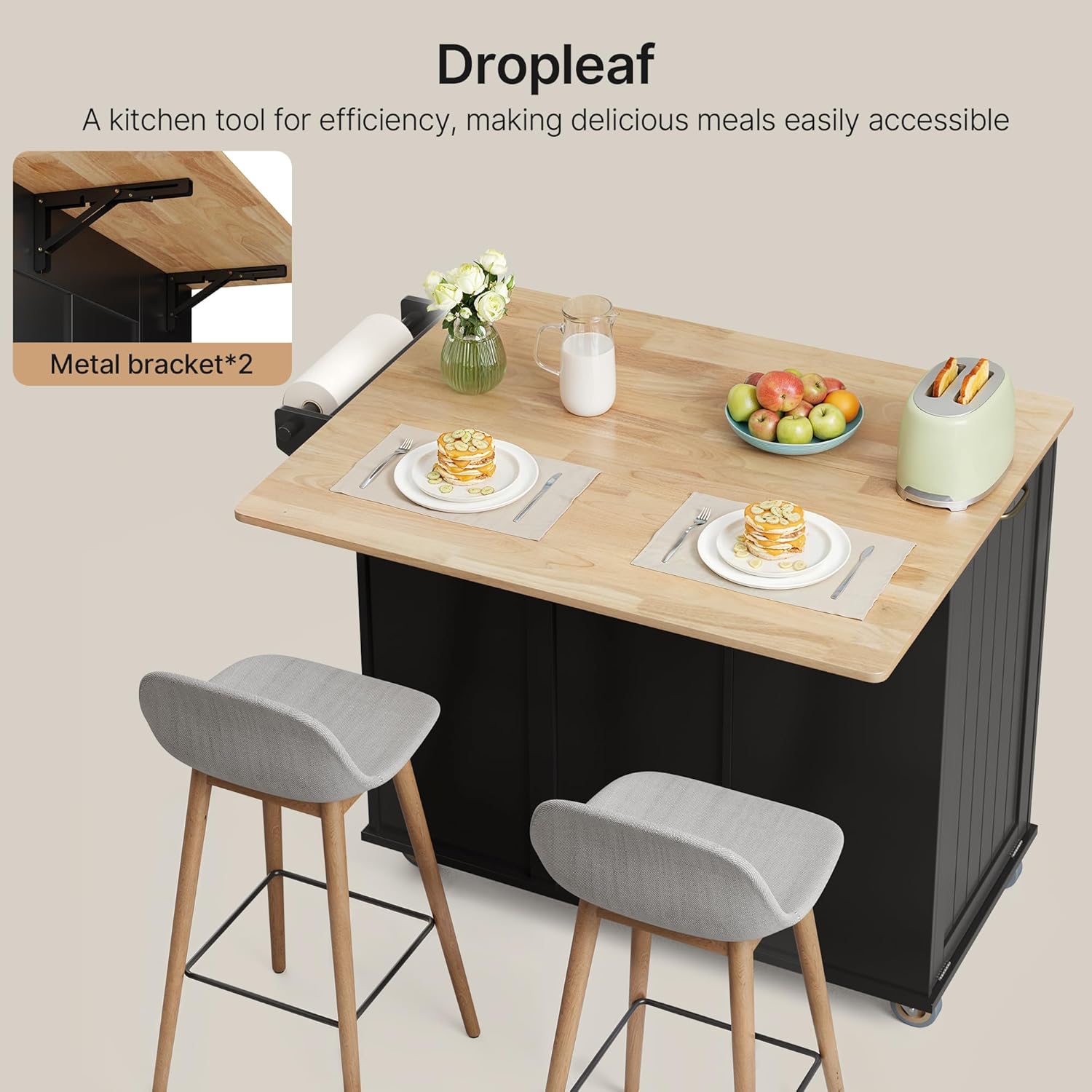 Ahomly Kitchen Island with Storage, 44.49' Kitchen Island with Trash Can Storage, Drop Leaf Rubberwood Top, Knife Holder, Adjustable Shelf, Towel Bar, Drawer, Spice Rack, Black