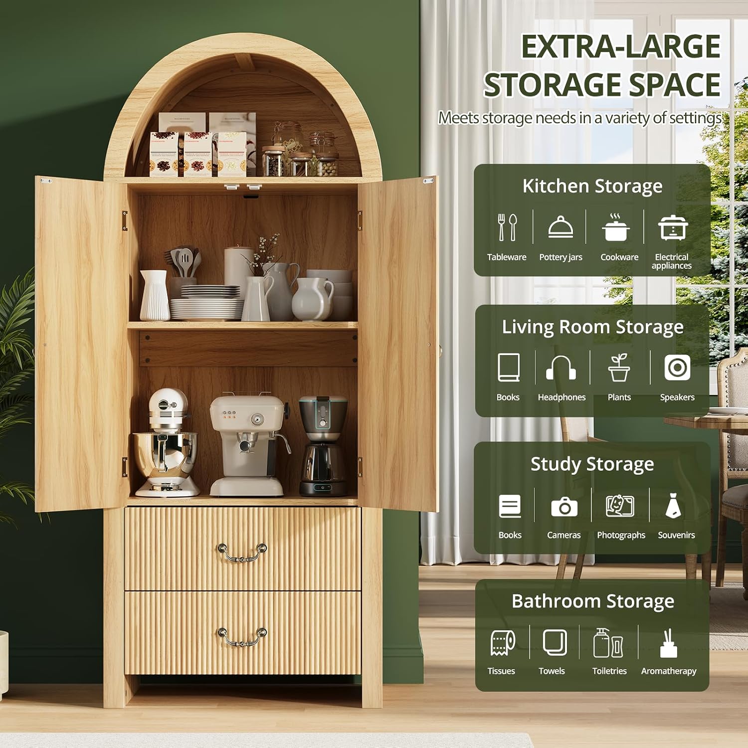 FURSUN 71' Tall Fluted Arched Cabinet Set of 2, Wood Pantry Storage Cabinet with 2 Large Drawers, Modern Versatile Bookcase for Living Room, Kitchen, Dining, Natural Oak