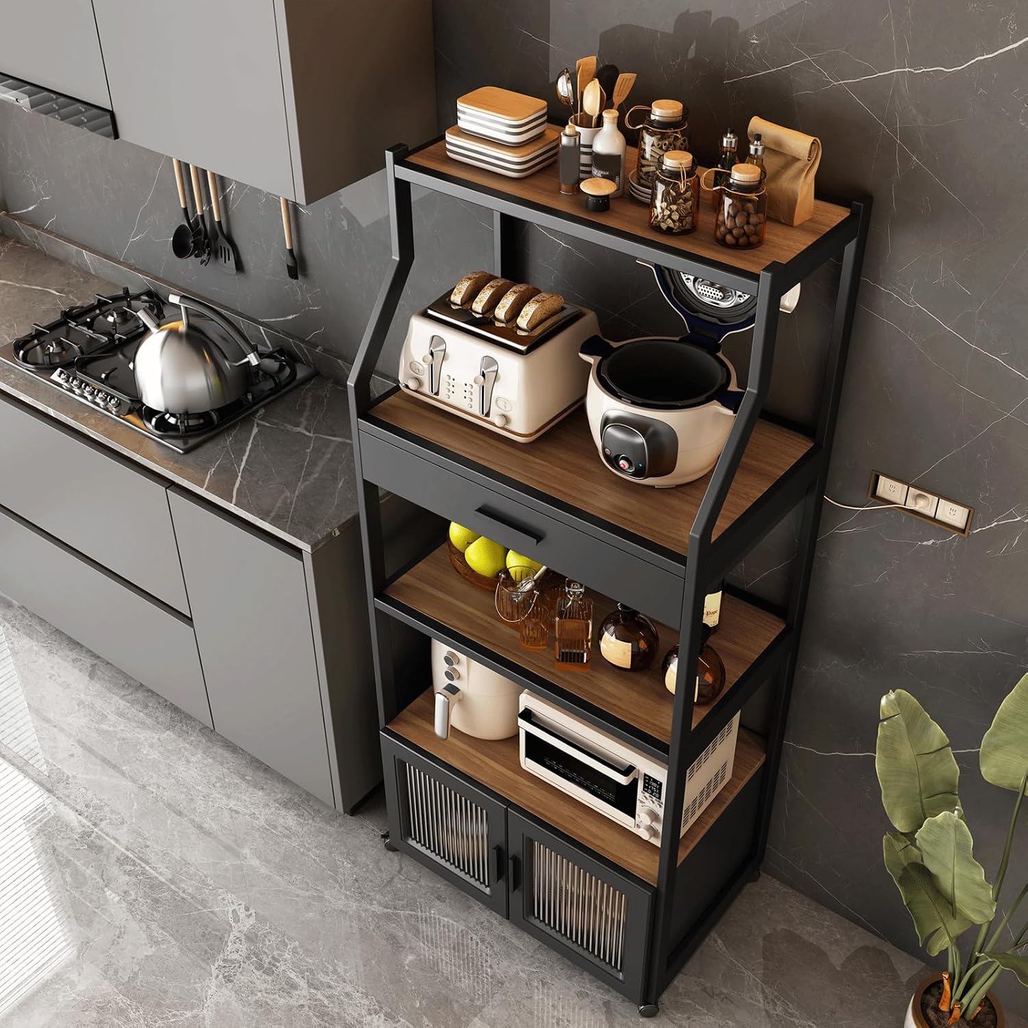 4 Tier Microwave Stand with Storage Matte Black Storage Rack Kitchen Pantry Glass Cabinet Doors Bakers Rack for cafes Living Room Office-A