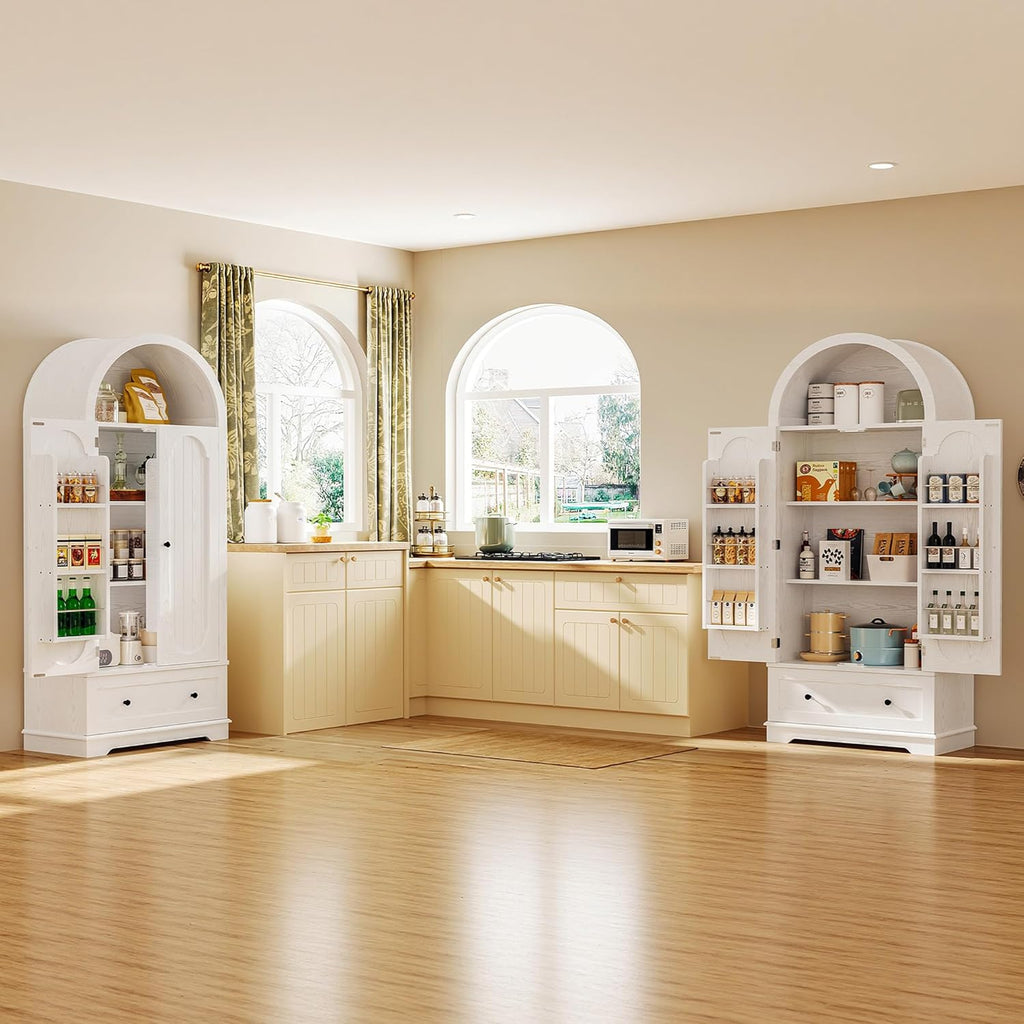IRONCK 70.9' Tall Arched Kitchen Pantry, Kitchen Cabinet with Large Drawer, Adjustable Shelves, Arched Open Shelving, 2 Doors with Storage Shelves, Modern Versatile Cupboard for Kitchen, Dining Room