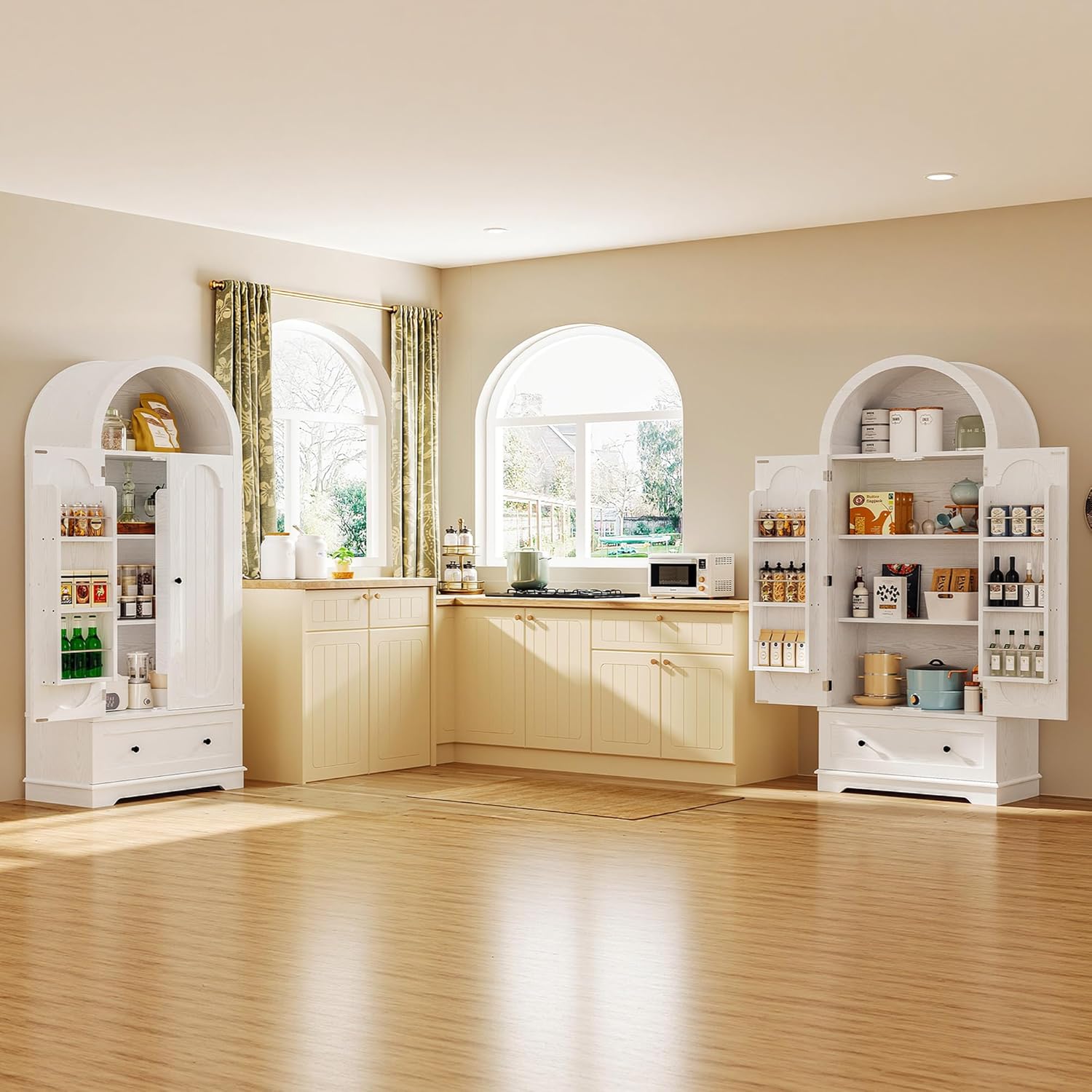 IRONCK 70.9' Tall Arched Kitchen Pantry, Kitchen Cabinet with Large Drawer, Adjustable Shelves, Arched Open Shelving, 2 Doors with Storage Shelves, Modern Versatile Cupboard for Kitchen, Dining Room