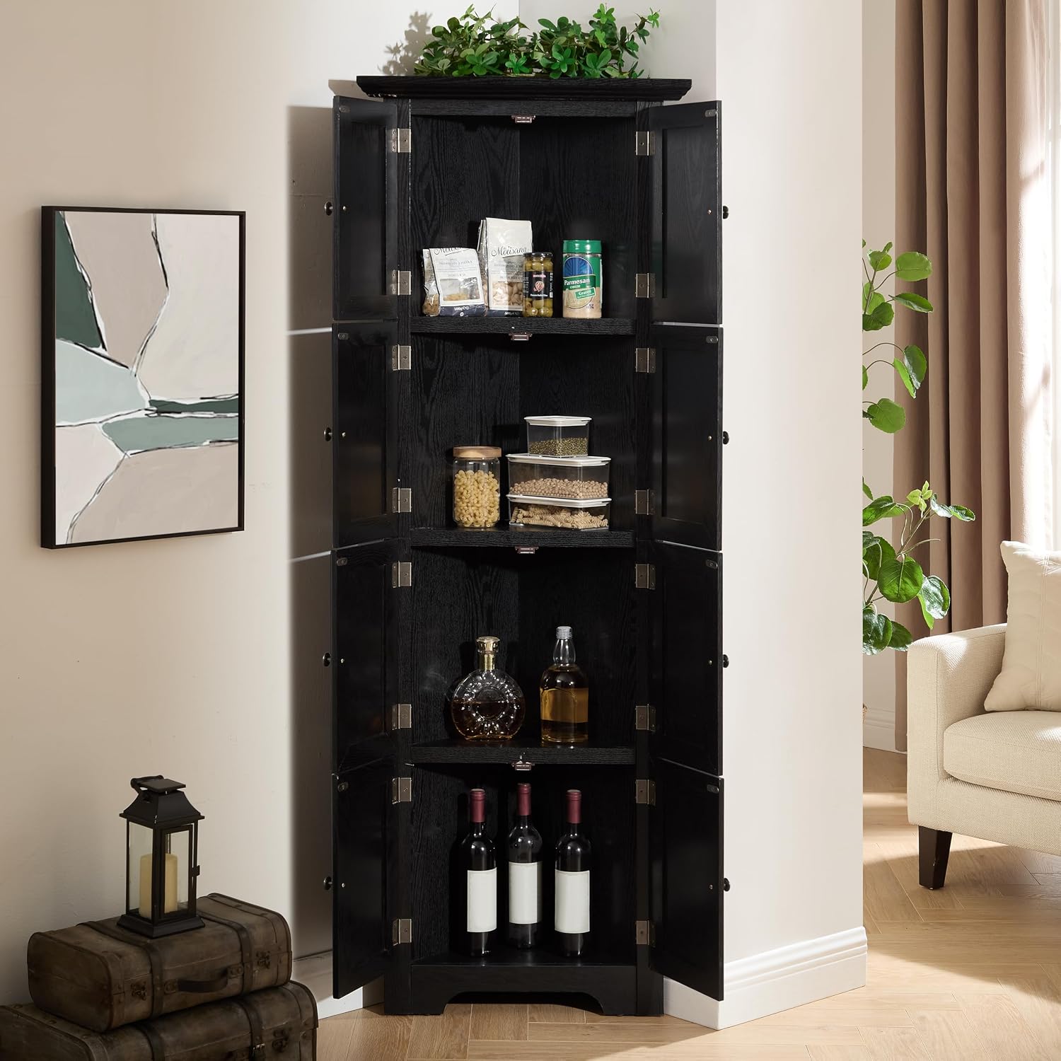 72' Corner Design Freestanding Storage Cabinet, Kitchen Storage Bakers Rack with Sleek Metal Handles, Utility Food Cupboard with 4-Tier Shelves for Kitchen, Bathroom, Living Room, Black