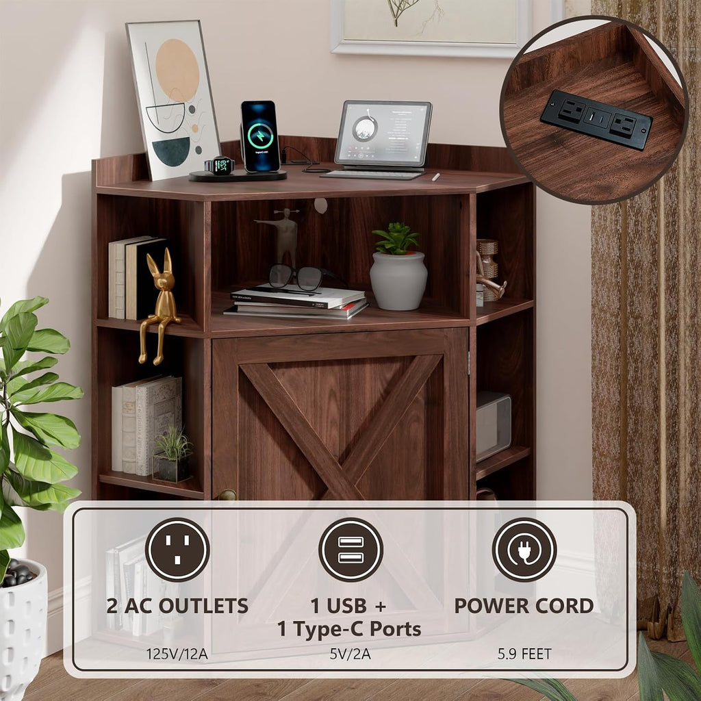 Vabches Corner Cabinet, Corner Storage Shelf with USB Ports and Outlets Industrial Organizer for Small Space Wooden 6-Cubby Bookshelf for Study, Playroom, Living Room (Walnut)