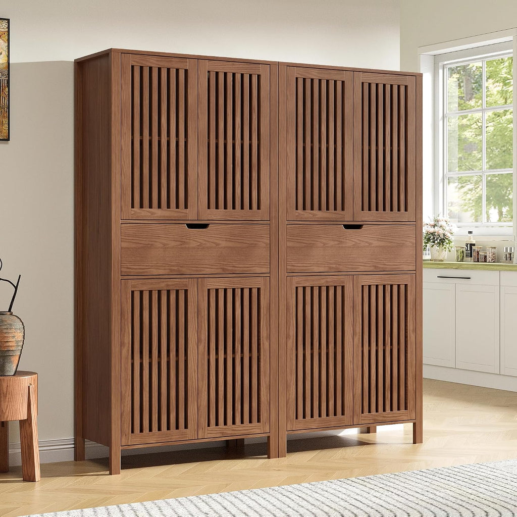 BVIUNTWO Set of 2 Rustic Brown 69' Tall Farmhouse Storage Cabinet with Drawer & Adjustable Shelves, Grille Door Organizer Unit, Anti-Tip Design for Bathroom,Kitchen,Living Room