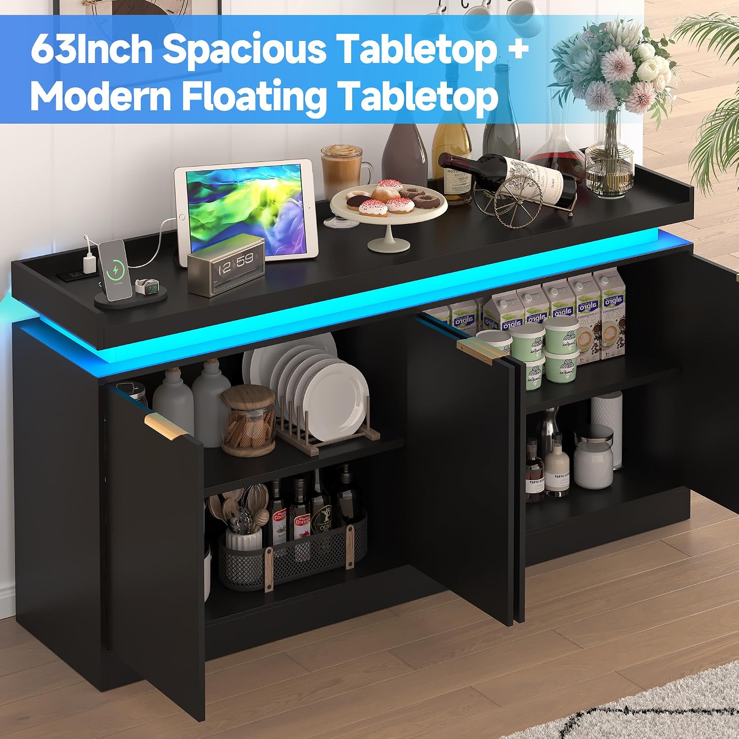 knoworld LED Sideboard Buffet Cabinet with Storage, 63'' Large Kitchen Buffet Cabinet Storage Cabinets with 4 Doors, Wood Coffee Bar Cabinets Buffet Table for Kitchen, Dining Room, Entryway