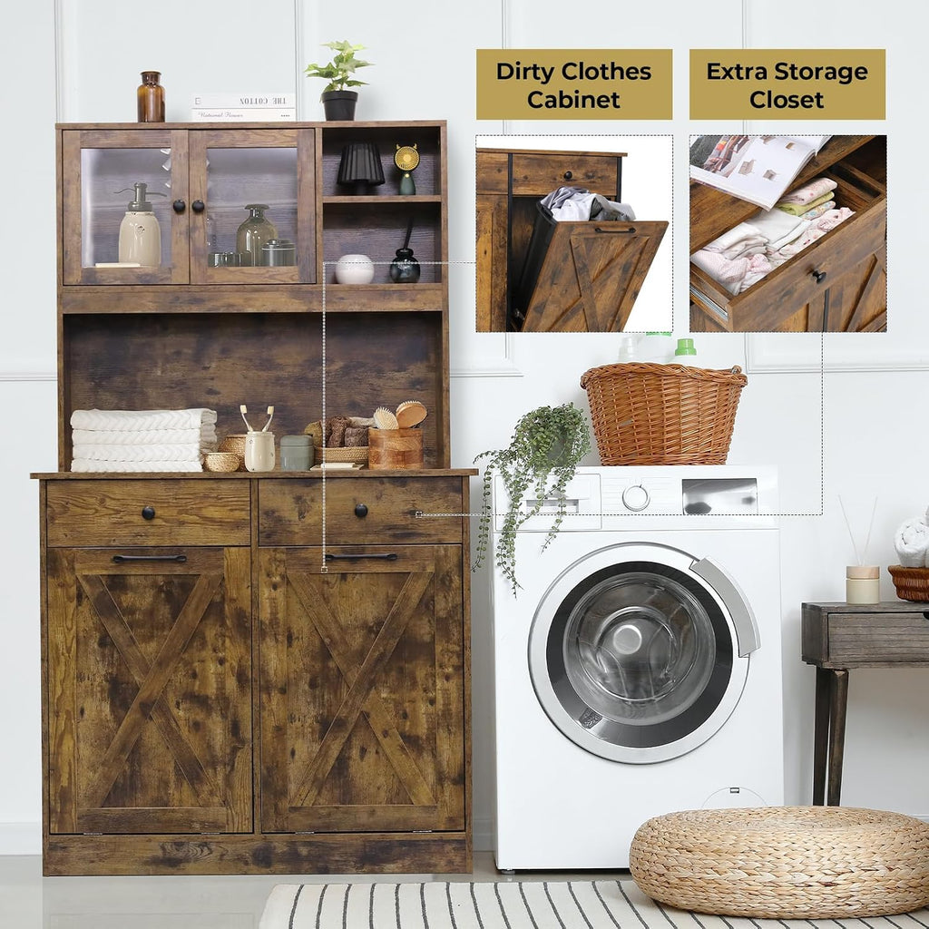 Arlopu Dual Tilt Out Trash&Storage Cabinet, Kitchen Sideboard Cupboard W/Pet Proof 10X2 Gal Hidden Garbage Holder, Freestand Laundry Sort Cabinet, W/Drawer, Shelves,Barn Door (Vintage Wood)
