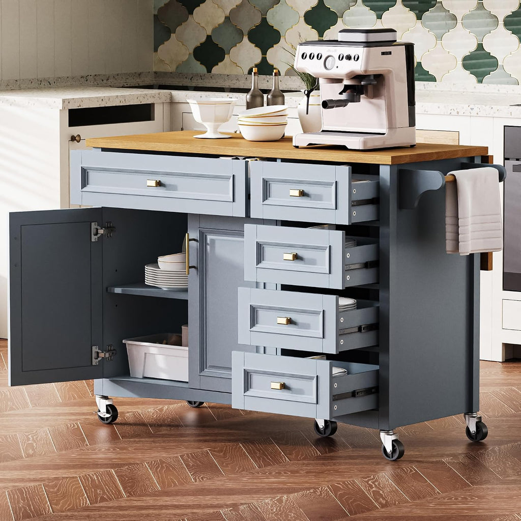 52' Kitchen Island Cart with Drop Leaf, Embossed Texture Kitchen Storage on Wheels with Spice Rack, Towel Rack, 5 Drawers, 2 Doors, Adjustable Shelf for Kitchen, Dining Room Grey Blue