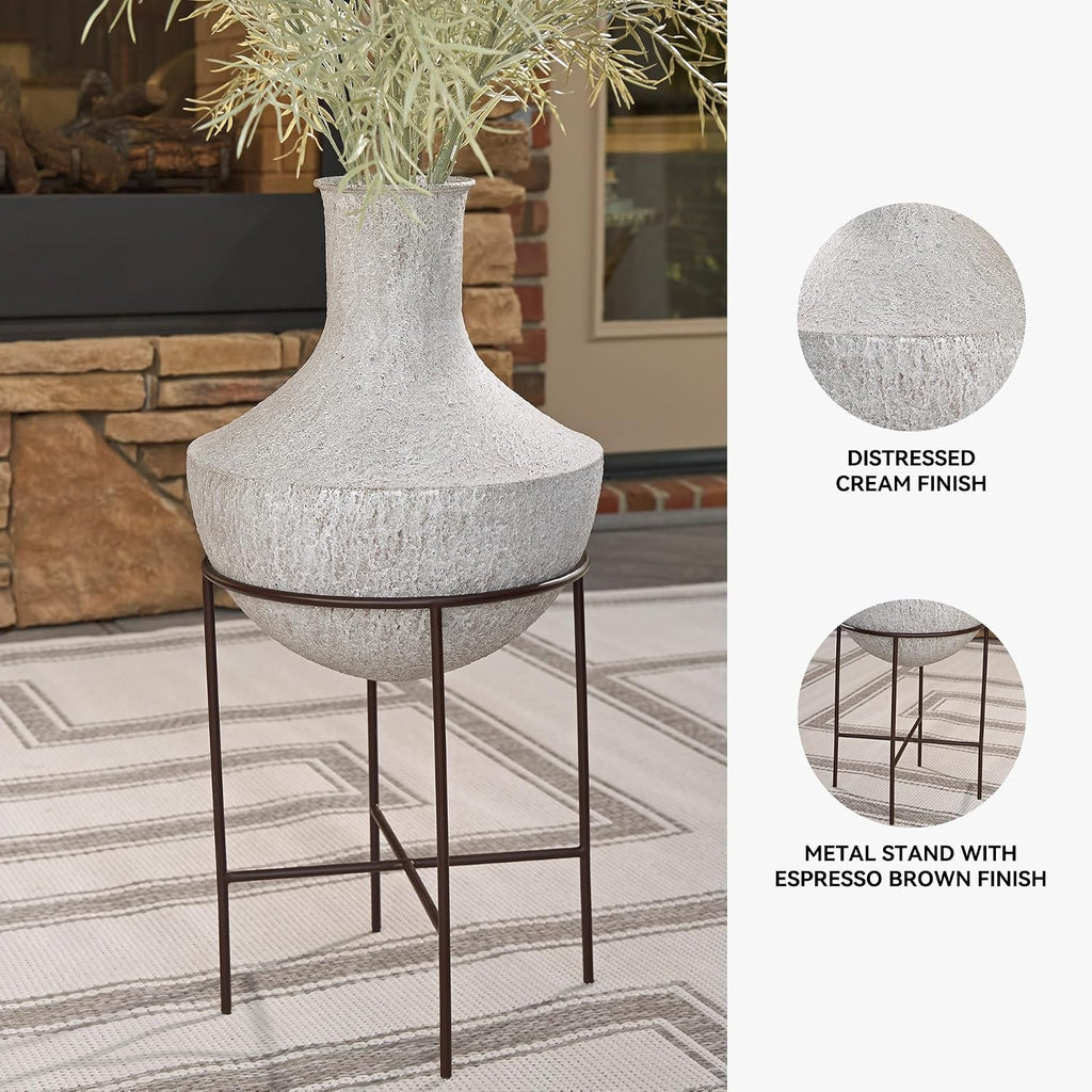 Signature Design by Ashley Estonbank Vase, Distressed Cream Metal Floor Vase with Espresso Brown Stand, for Faux Florals & Seasonal Indoor Outdoor Decor, 14.13' W x 14.13' D x 28.5' H