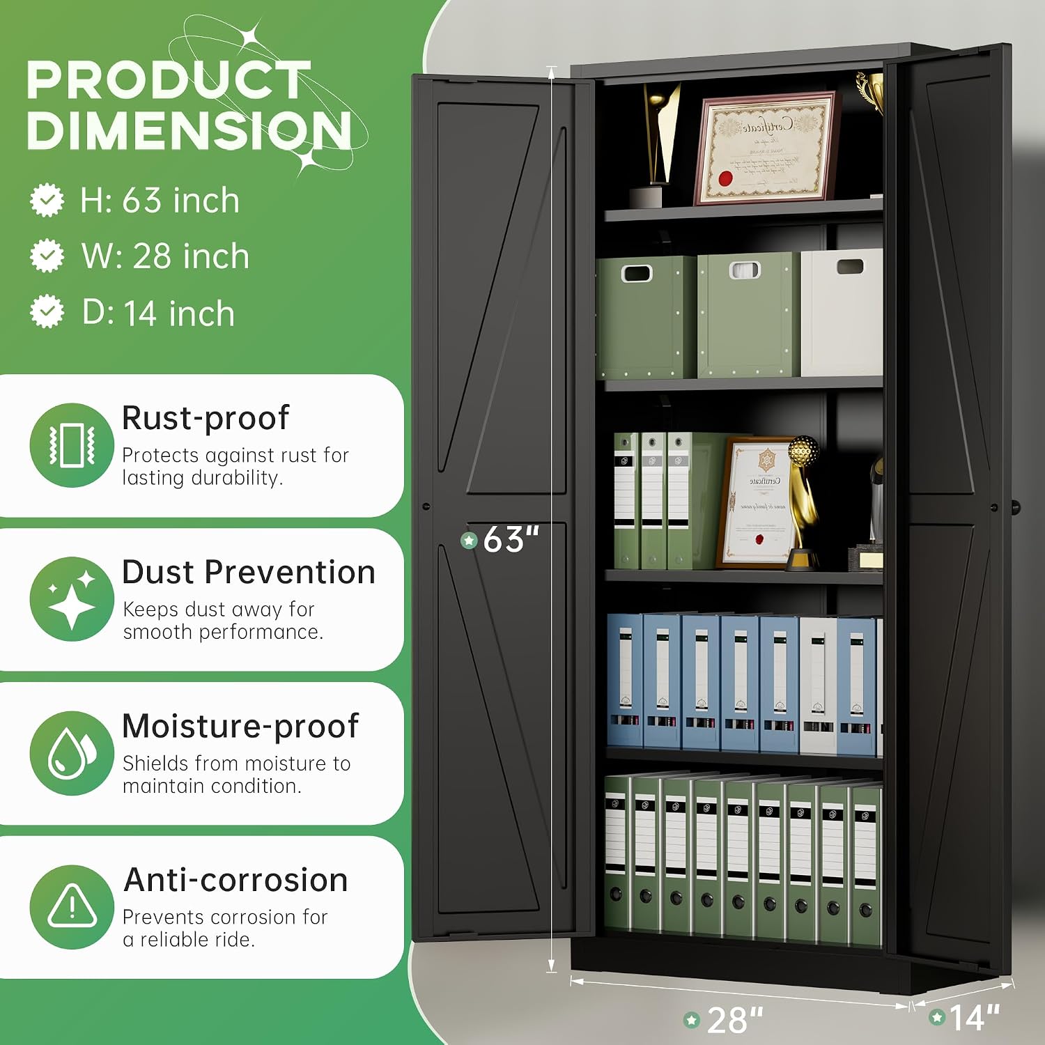INTERGREAT Metal Storage Cabinet with Magnetic Doors, 63' H Modern Classic Style Metal Cabinets with 2 Doors and 4 Adjustable Shelves for Home Office, Kitchen, Bathroom (Black)