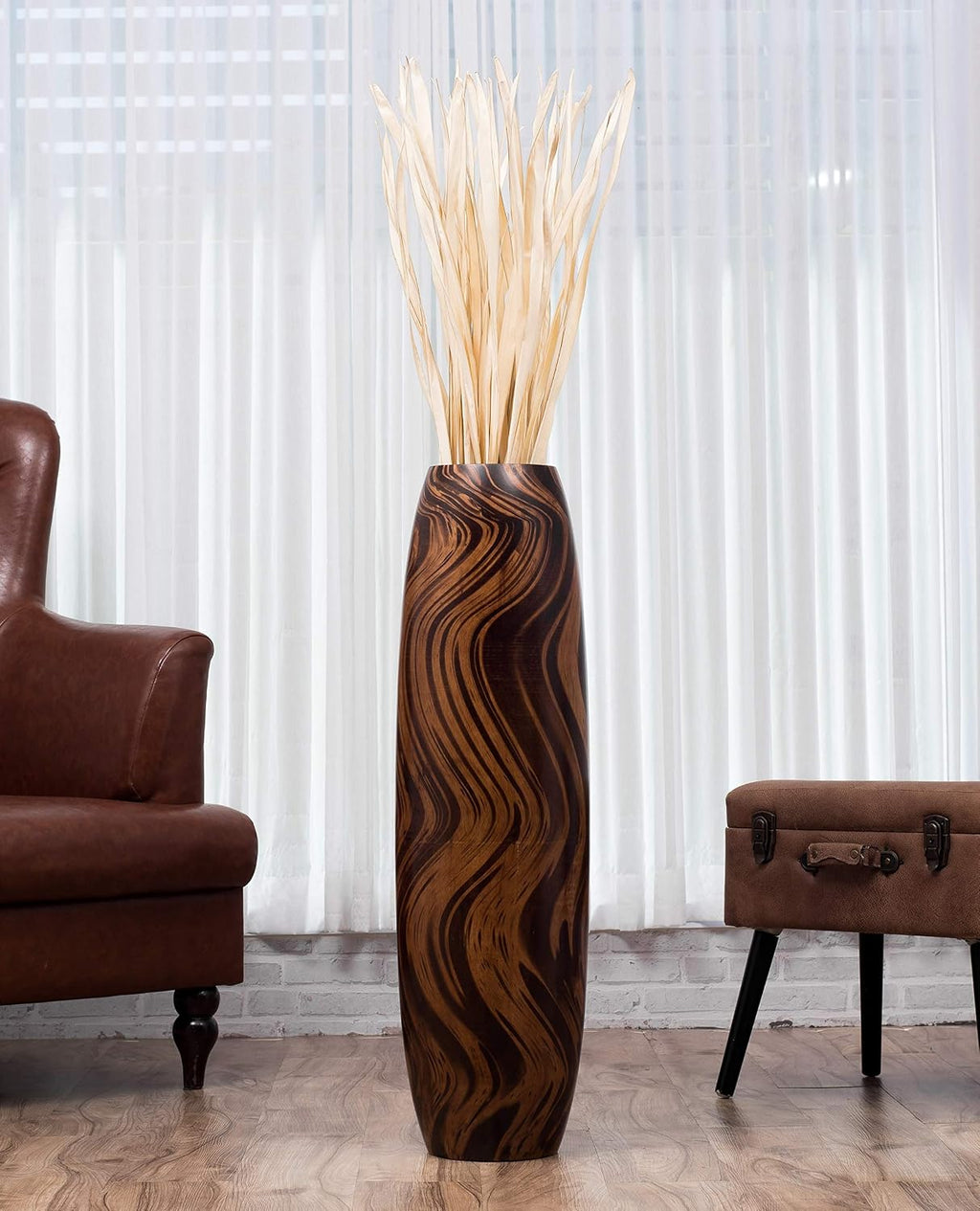 Leewadee Large Brown Home Decor Floor Vase - Wooden 34 inch Tall Farmhouse Decor Flower Holder for Fake Plant and Pampas Grass