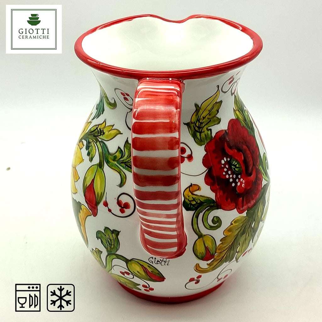 Italian Ceramic Pitcher Poppies Sanflower - 33 oz Hand Painted Utensil Holder Or Carafe Design for Kitchen - Made in ITALY Tuscany - Italian Pottery Vase Jar for Wine - Home Decor Ceramics
